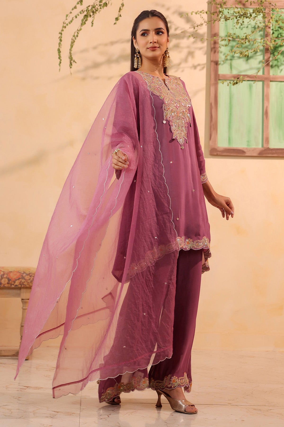 Mauve Chinon Silk Embroidered Suit Set With Dupatta