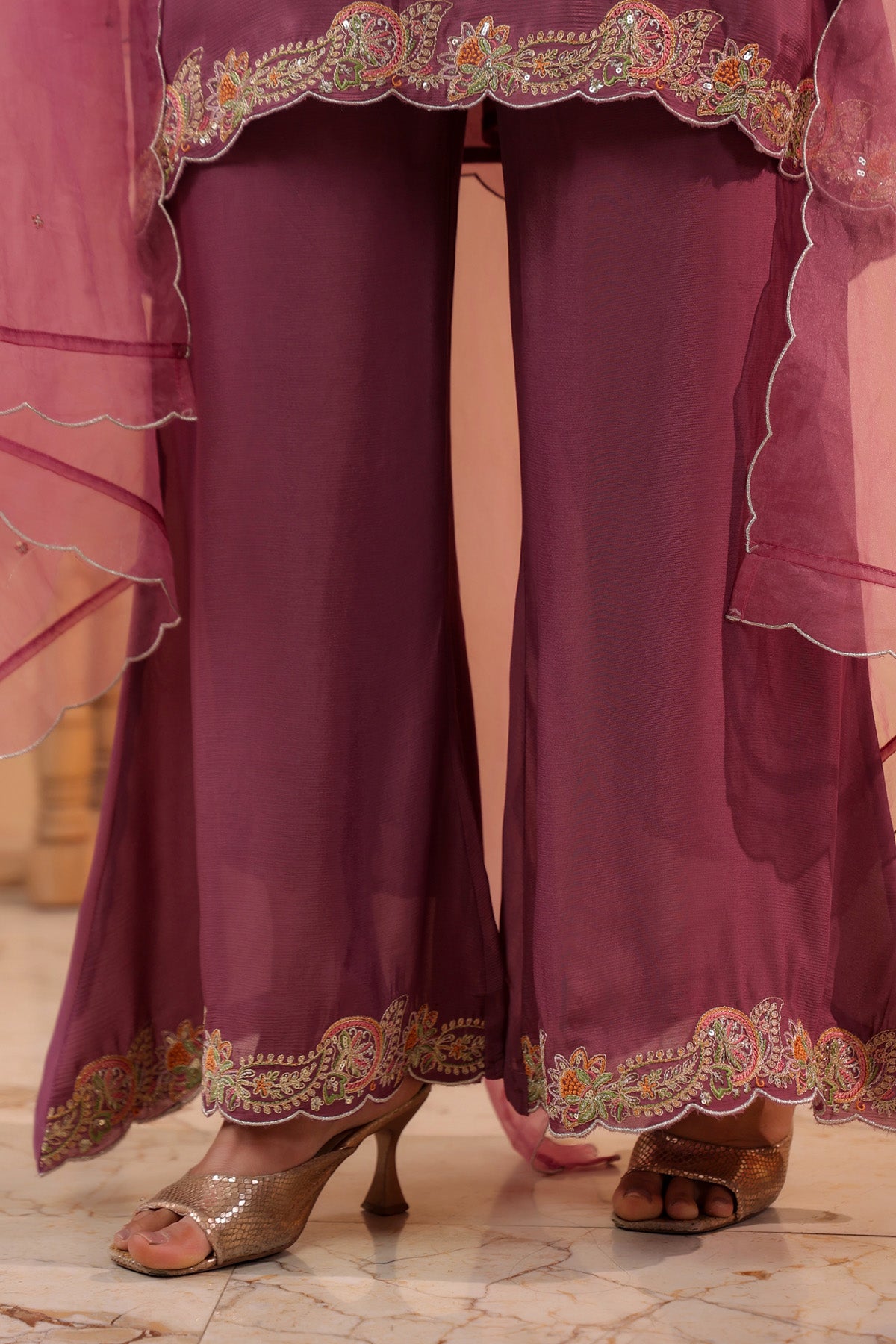 Mauve Chinon Silk Embroidered Suit Set With Dupatta