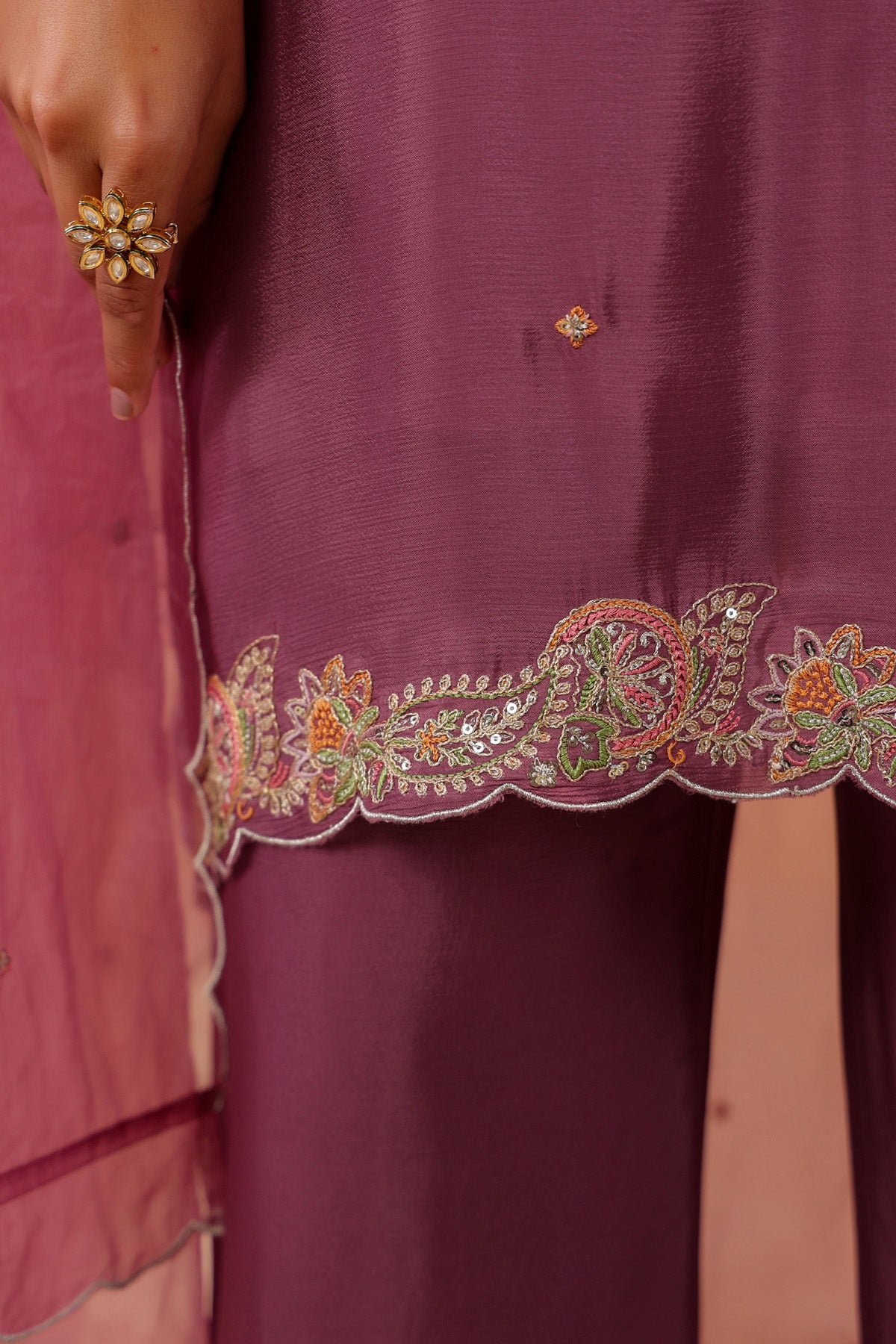 Mauve Chinon Silk Embroidered Suit Set With Dupatta