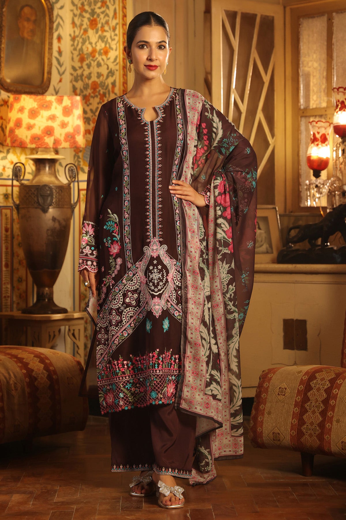 Deep Burgundy Organza Embroidered Straight Suit Set With Dupatta