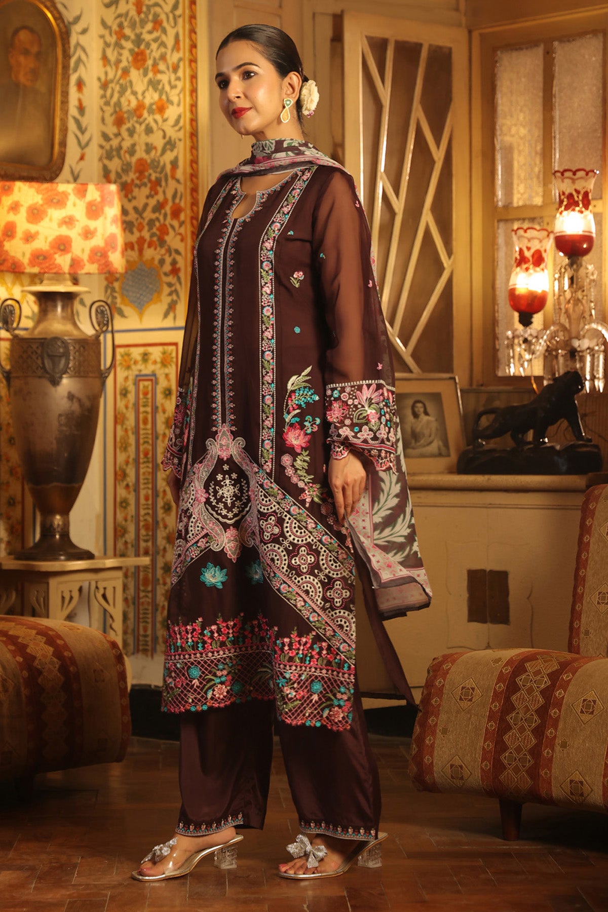 Deep Burgundy Organza Embroidered Straight Suit Set With Dupatta