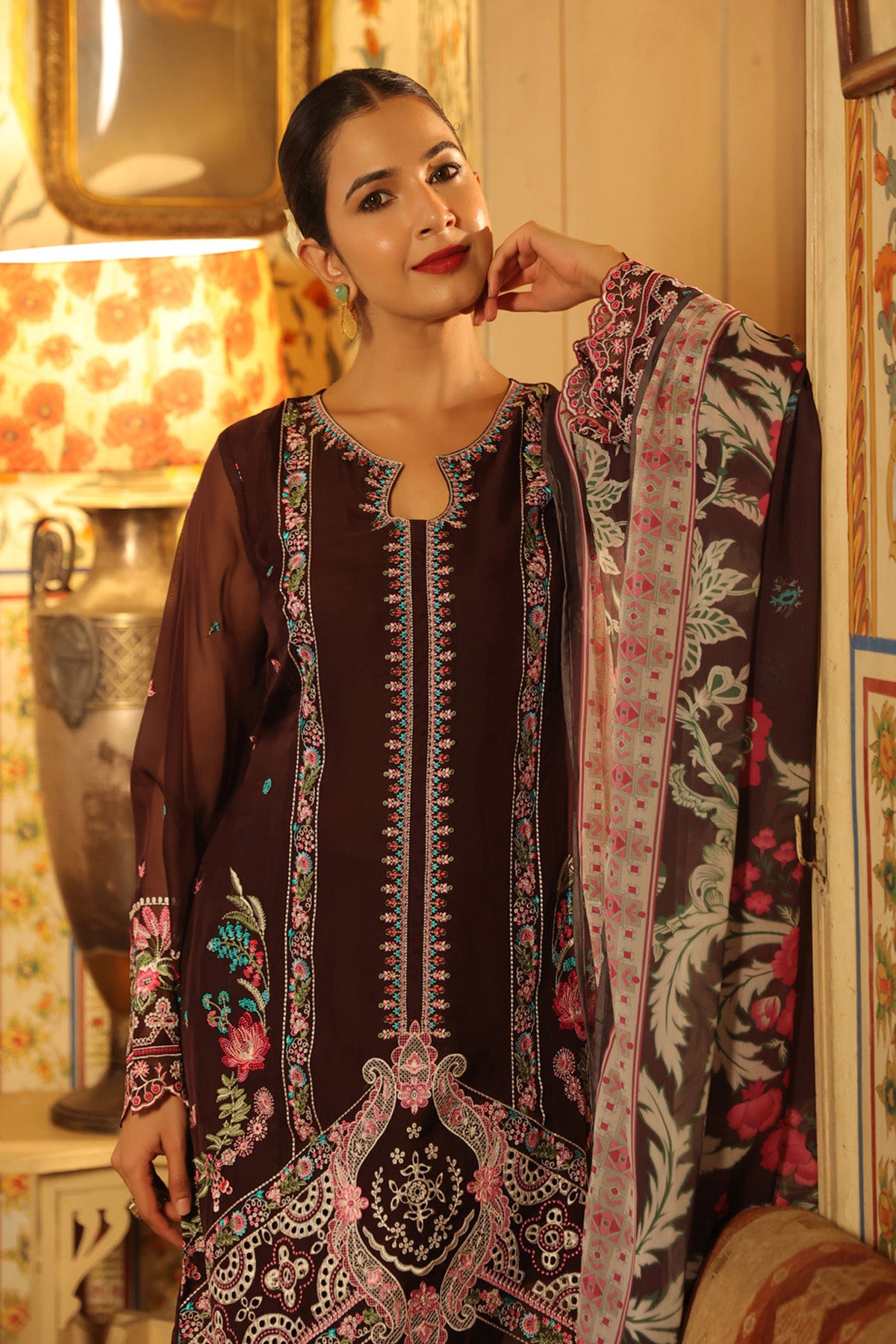 Deep Burgundy Organza Embroidered Straight Suit Set With Dupatta