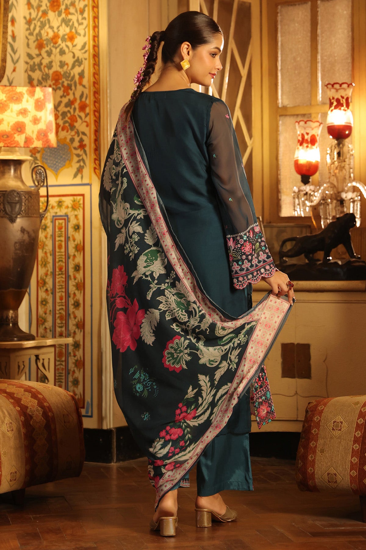 Teal Blue Organza Embroidered Straight Suit Set With Dupatta