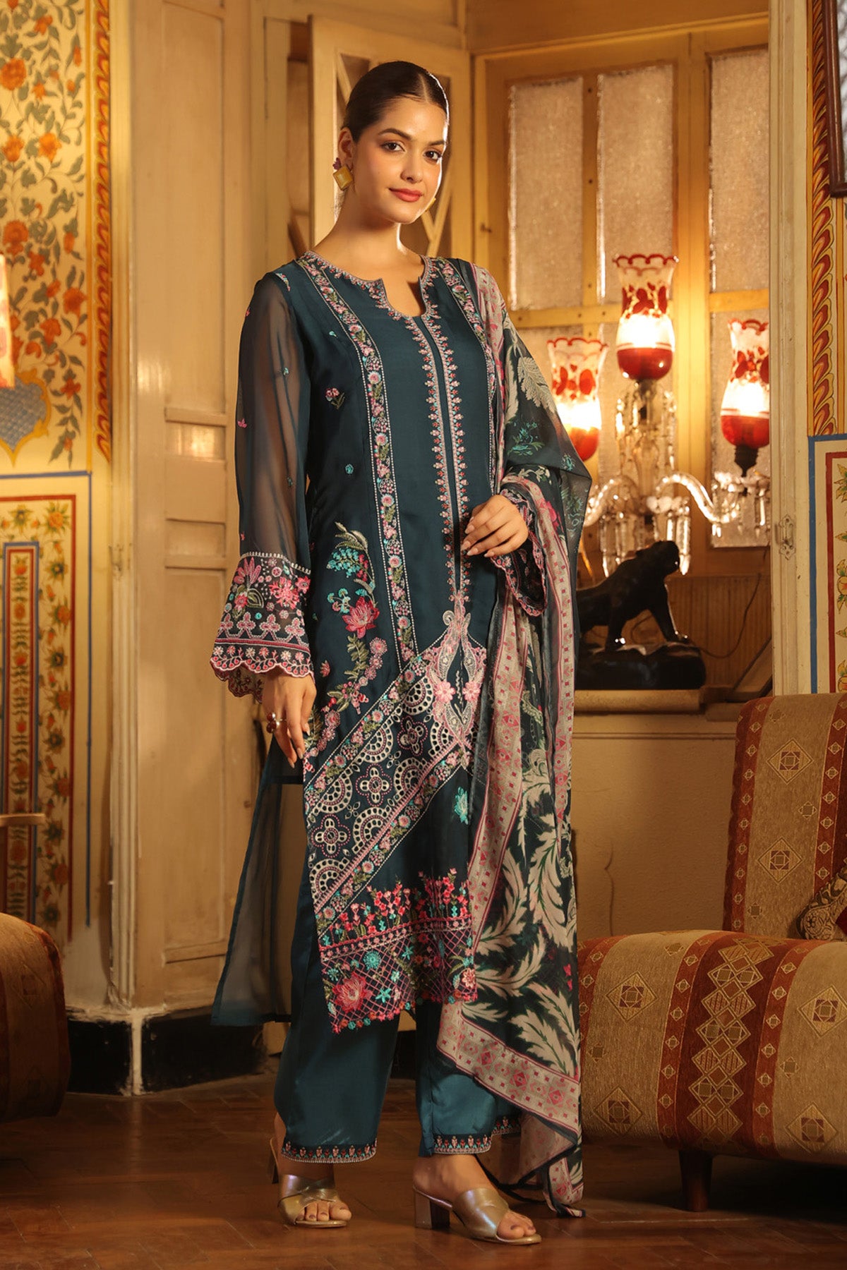 Teal Blue Organza Embroidered Straight Suit Set With Dupatta