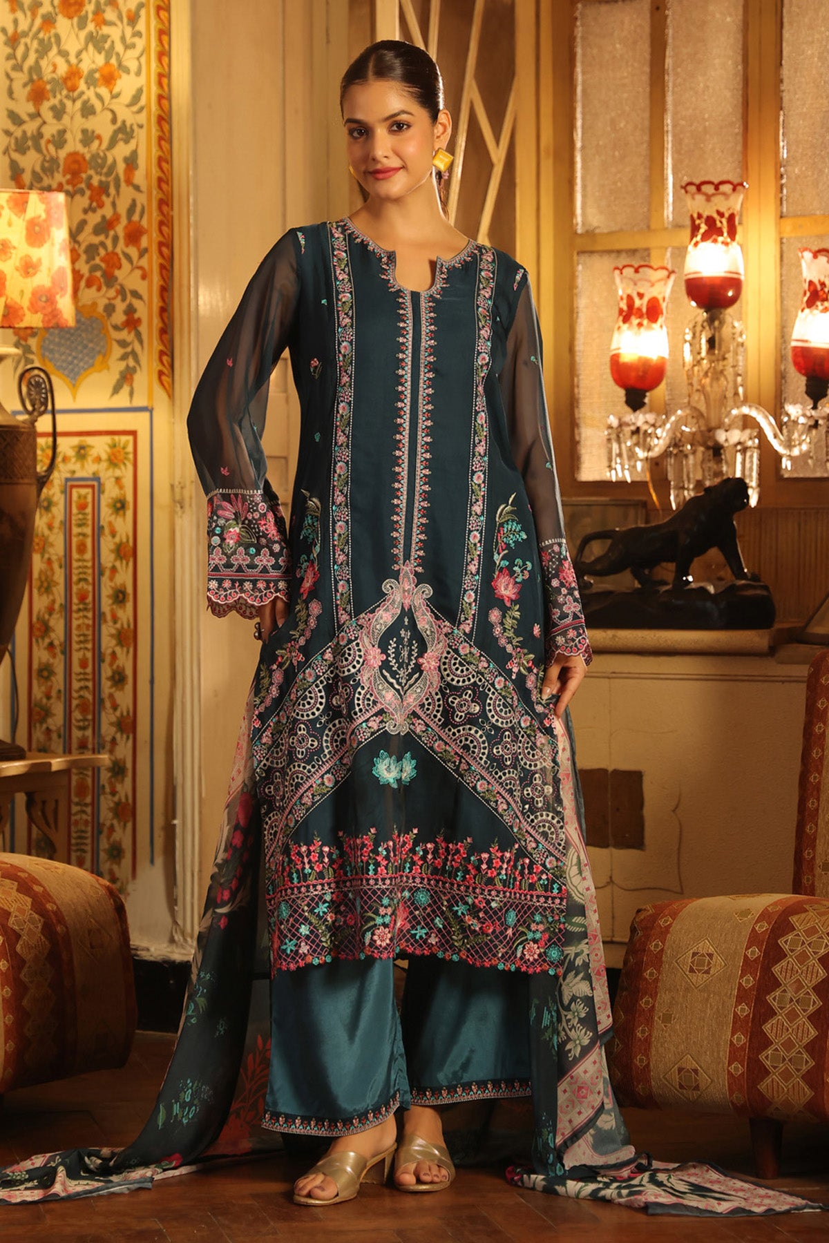 Teal Blue Organza Embroidered Straight Suit Set With Dupatta