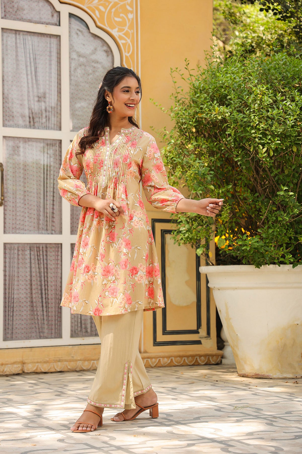 Beige Floral Cotton Co-Ord Set