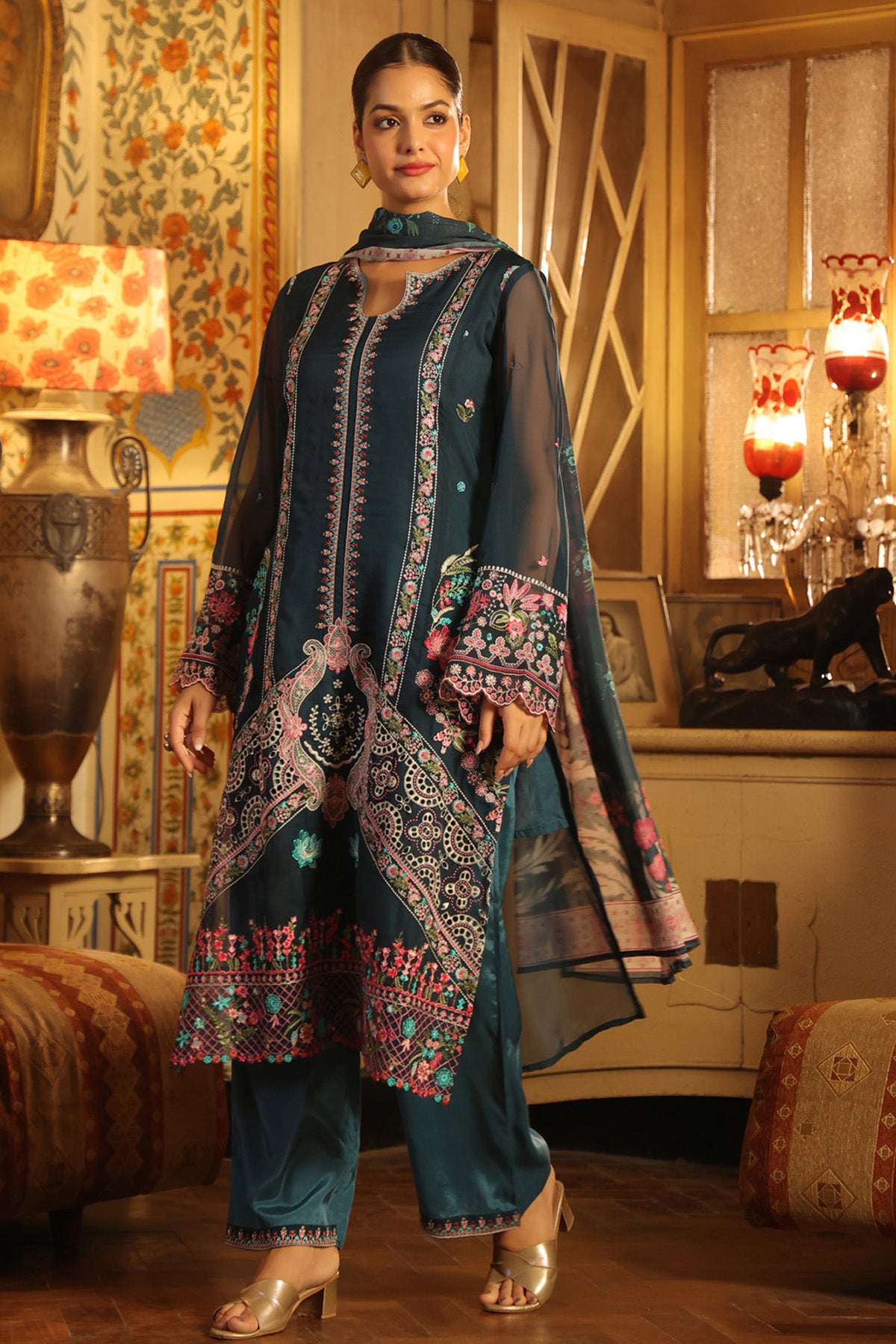 Teal Blue Organza Embroidered Straight Suit Set With Dupatta