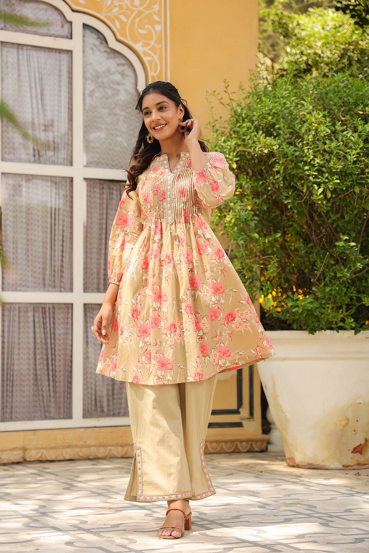 Beige Floral Cotton Co-Ord Set