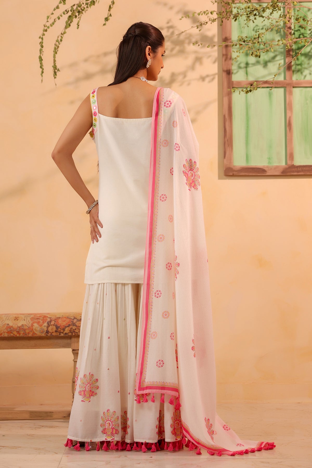 White Cotton Embroidered Sharara