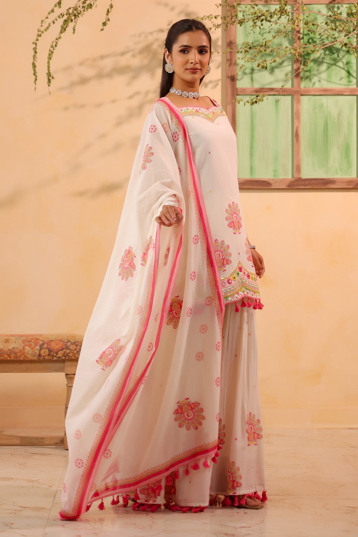 White Cotton Embroidered Sharara