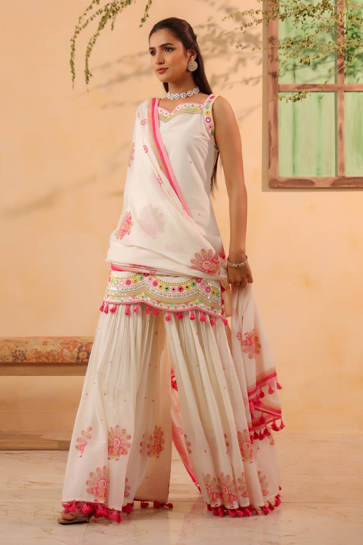 White Cotton Embroidered Sharara