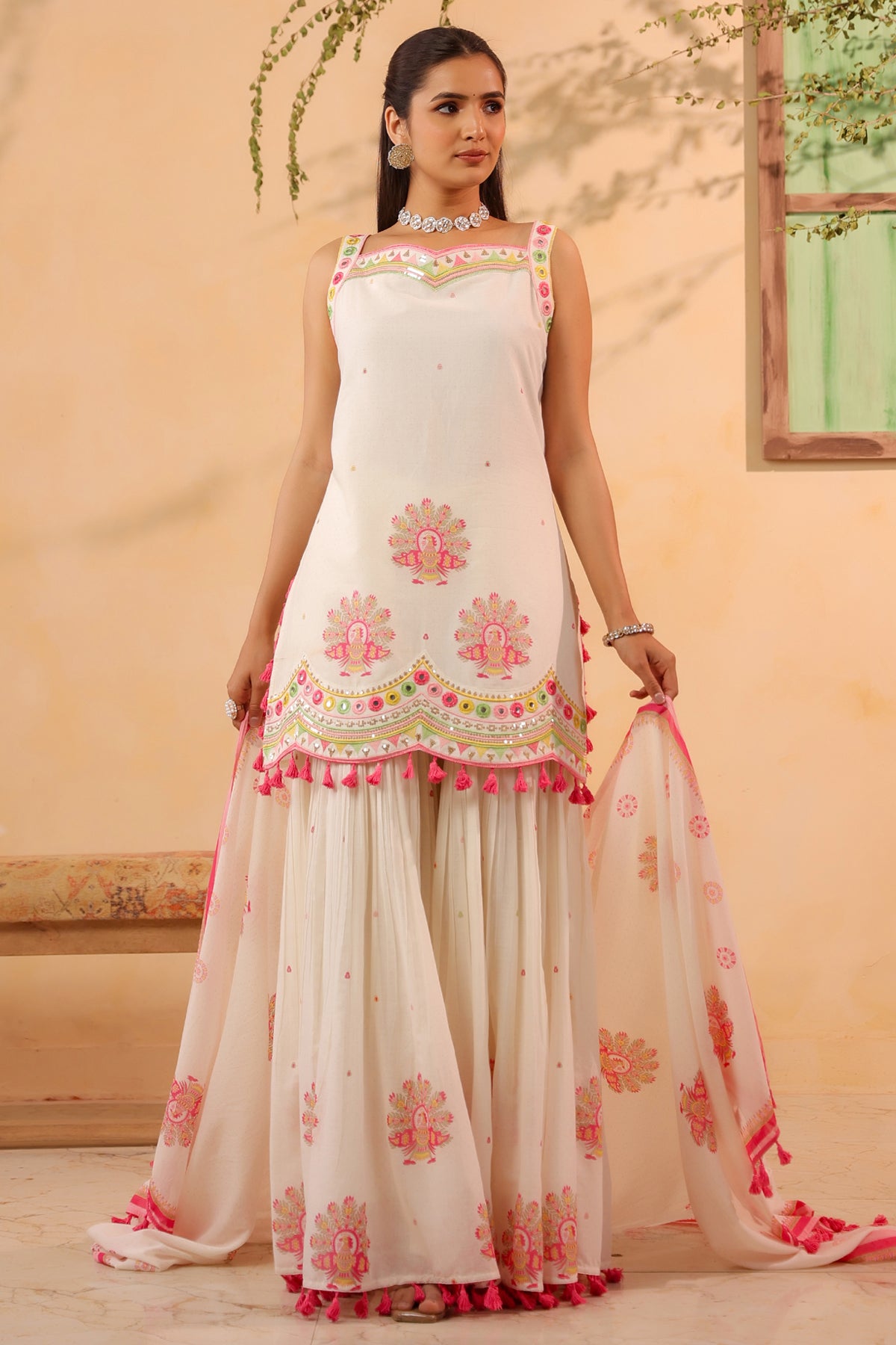 White Cotton Embroidered Sharara