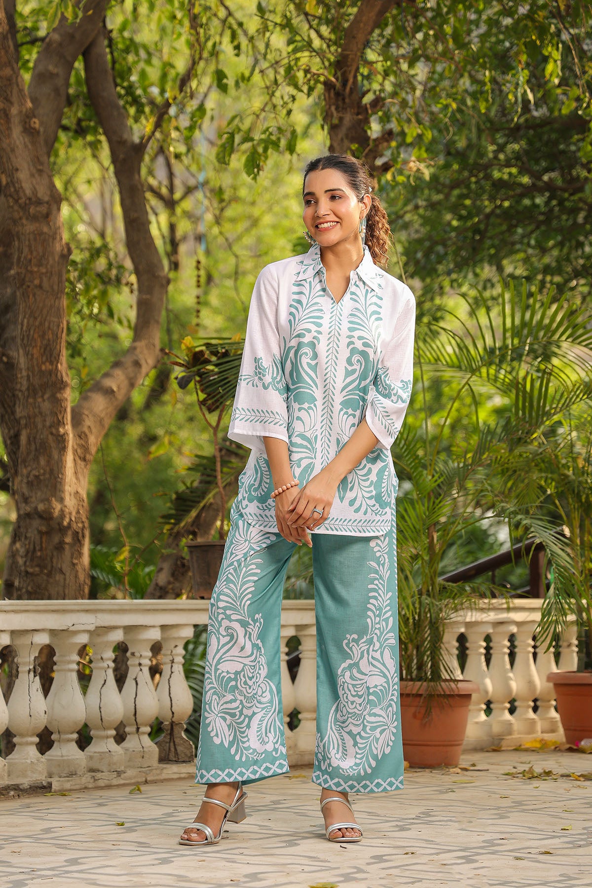 Green Linen Printed Co-Ord Set