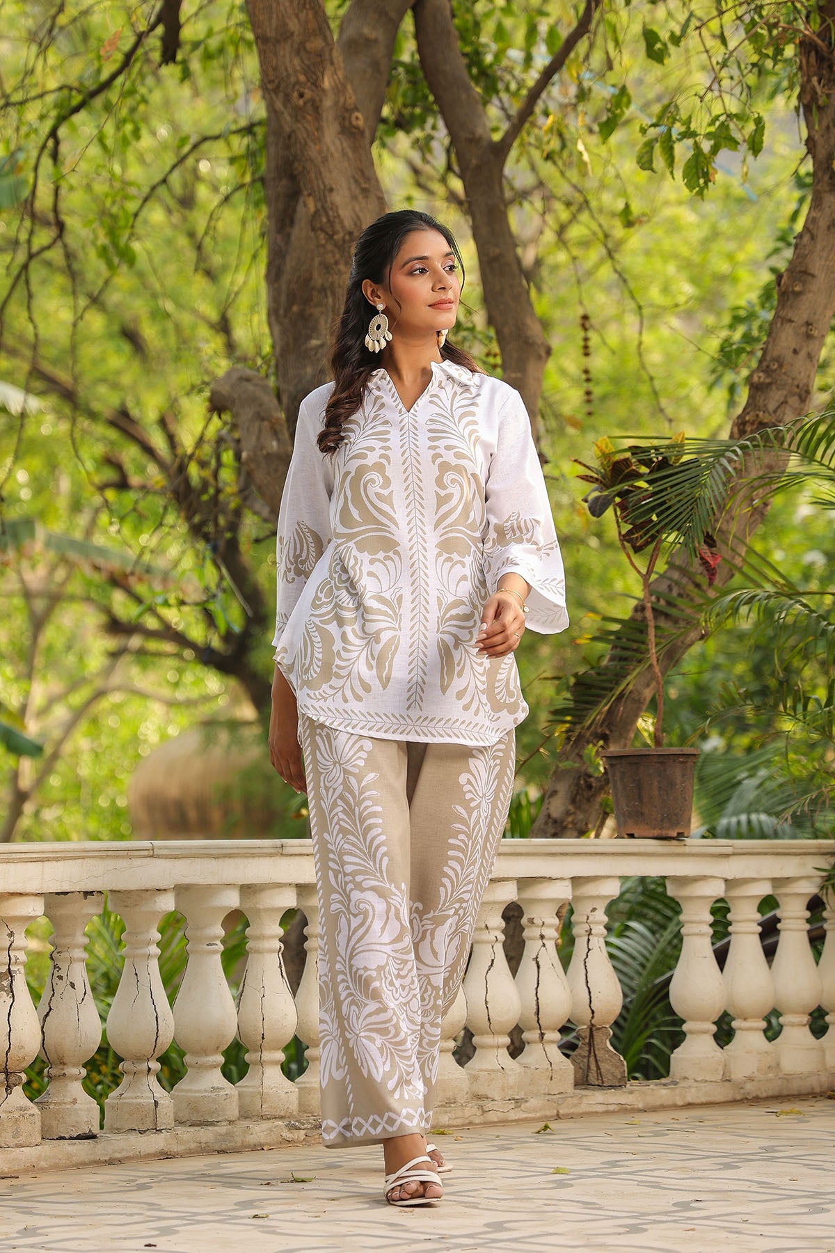 Beige Linen Printed Co-Ord Set