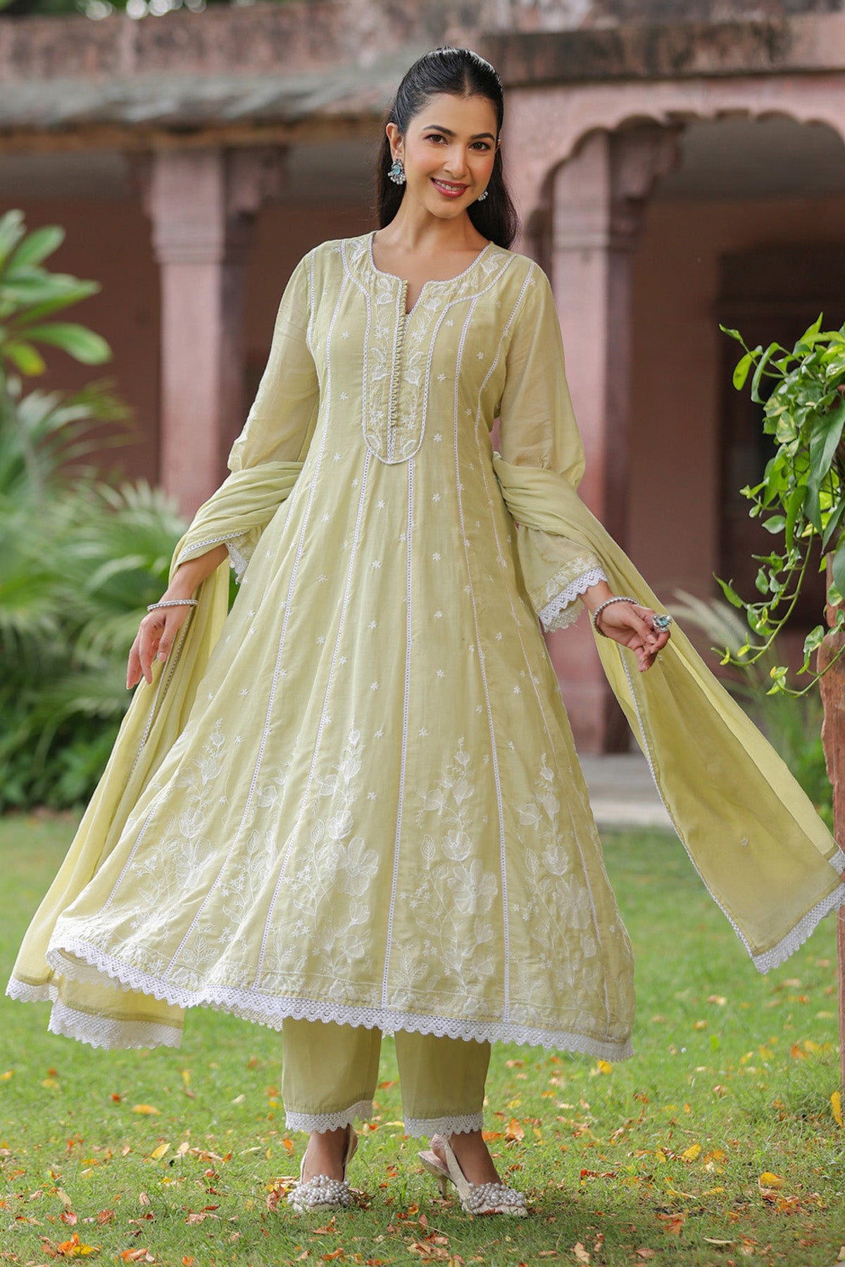 Lime Green Mul Mul Embroidered Suit Set