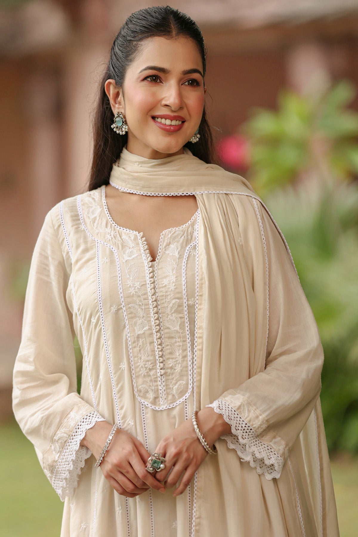 Beige Mul Mul Embroidered Suit Set