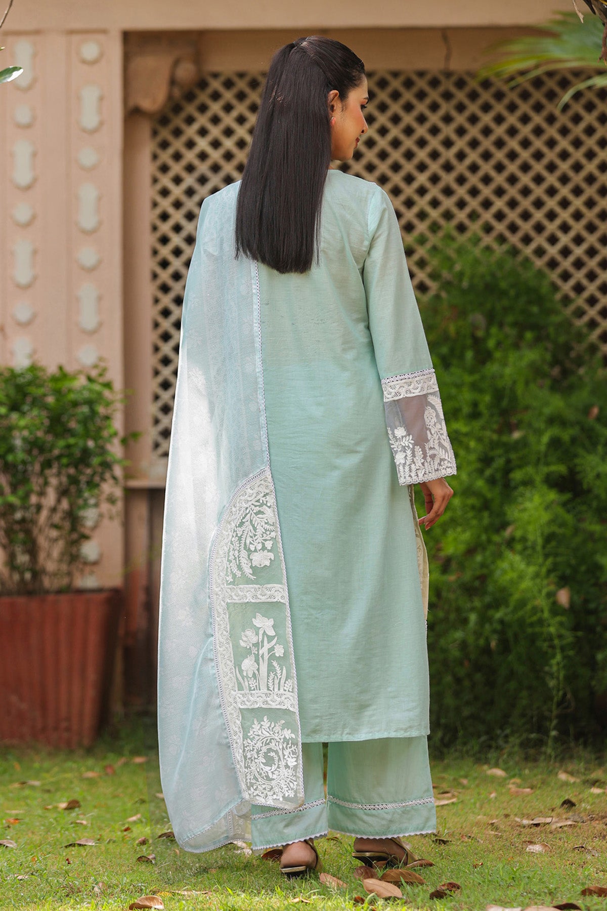 Pastel Aqua Blue Cotton Embroidered Straight Suit Set With Dupatta