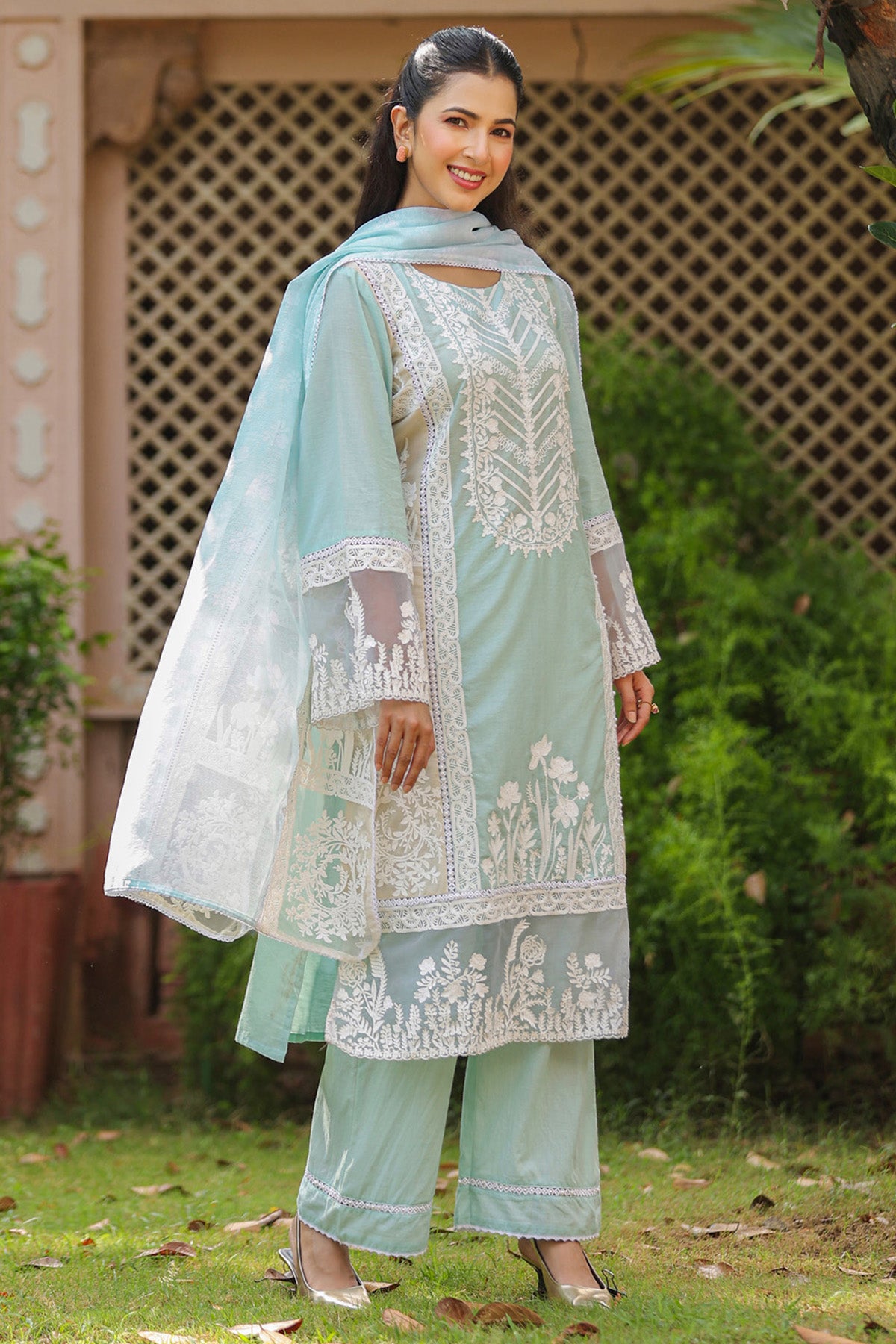 Pastel Aqua Blue Cotton Embroidered Straight Suit Set With Dupatta
