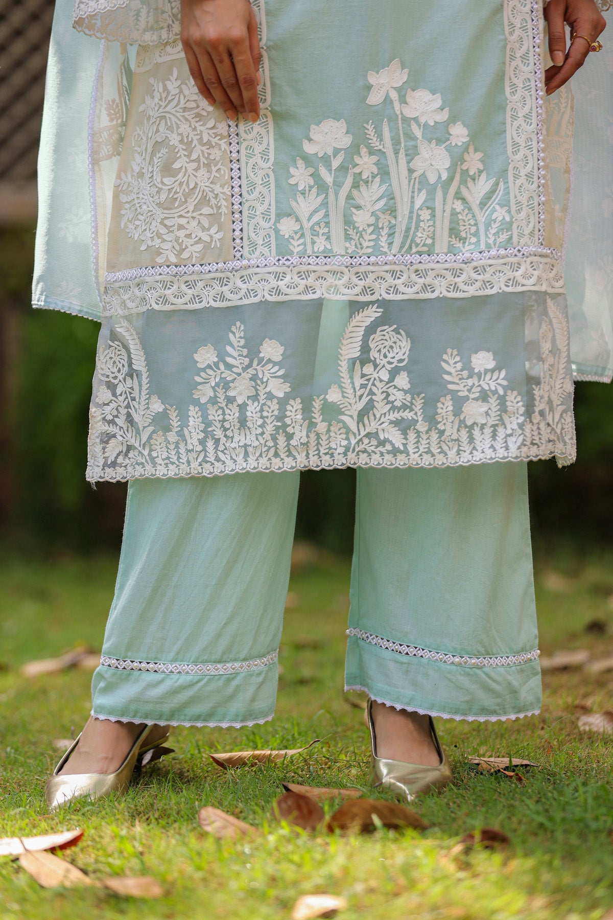Pastel Aqua Blue Cotton Embroidered Straight Suit Set With Dupatta