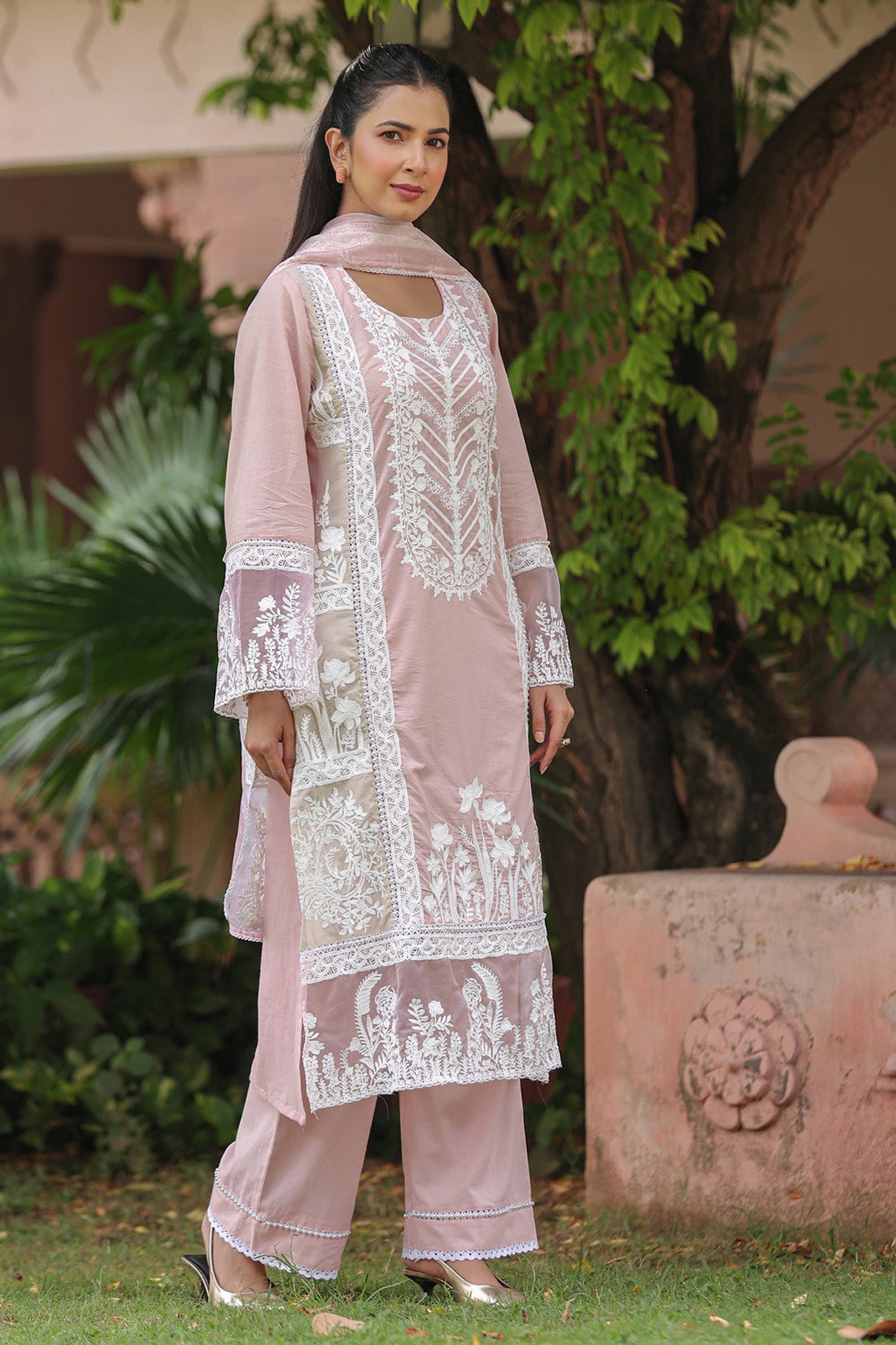 Dusty Pink Cotton Embroidered Straight Suit Set With Dupatta