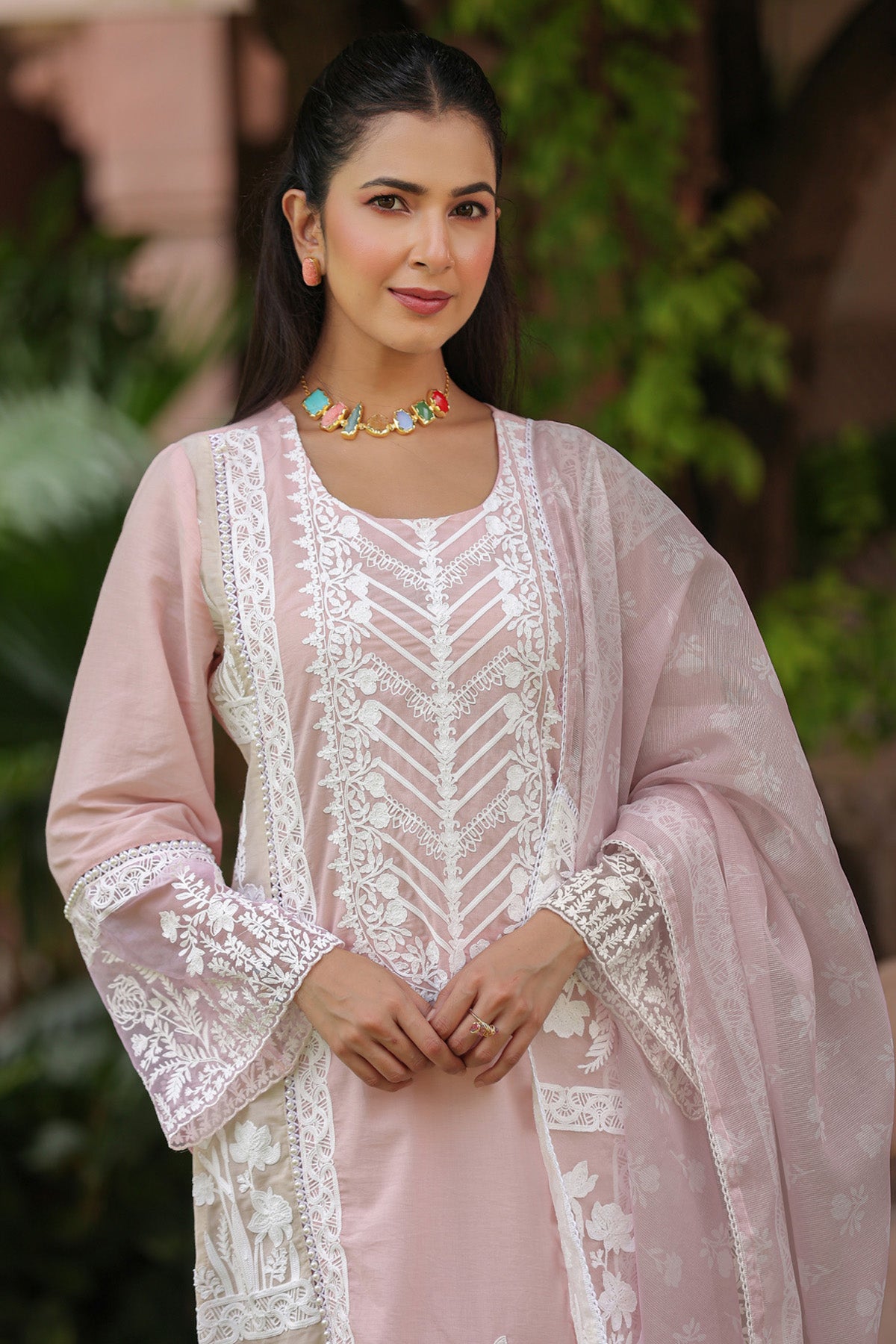 Dusty Pink Cotton Embroidered Straight Suit Set With Dupatta