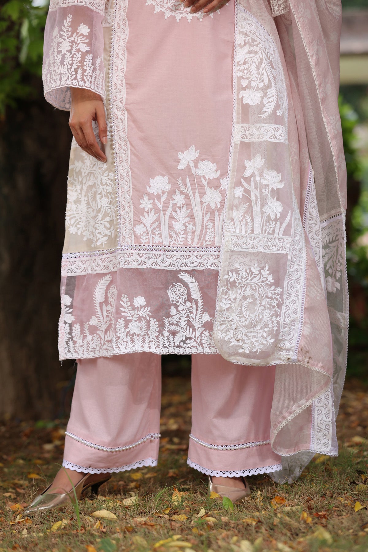 Dusty Pink Cotton Embroidered Straight Suit Set With Dupatta