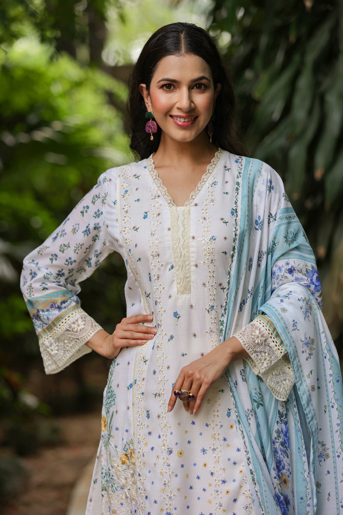 White Cotton Handwork Suit Set With Dupatta