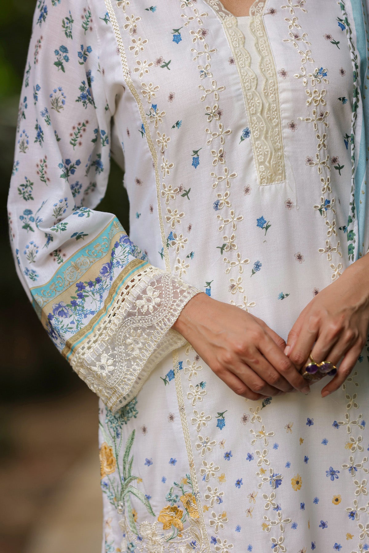 White Cotton Handwork Suit Set With Dupatta
