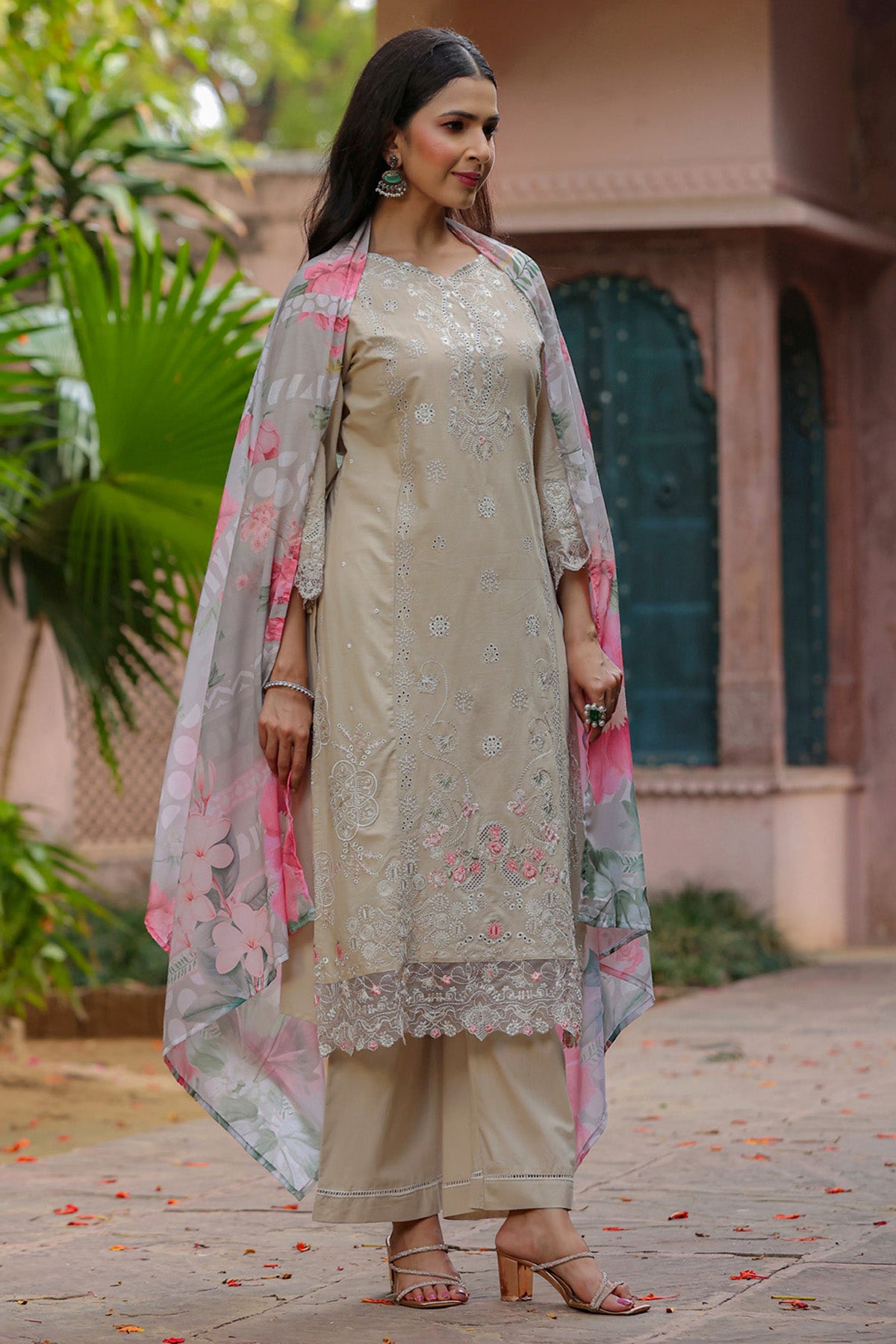 Champagne Beige Cotton Embroidered Straight Suit Set With Dupatta