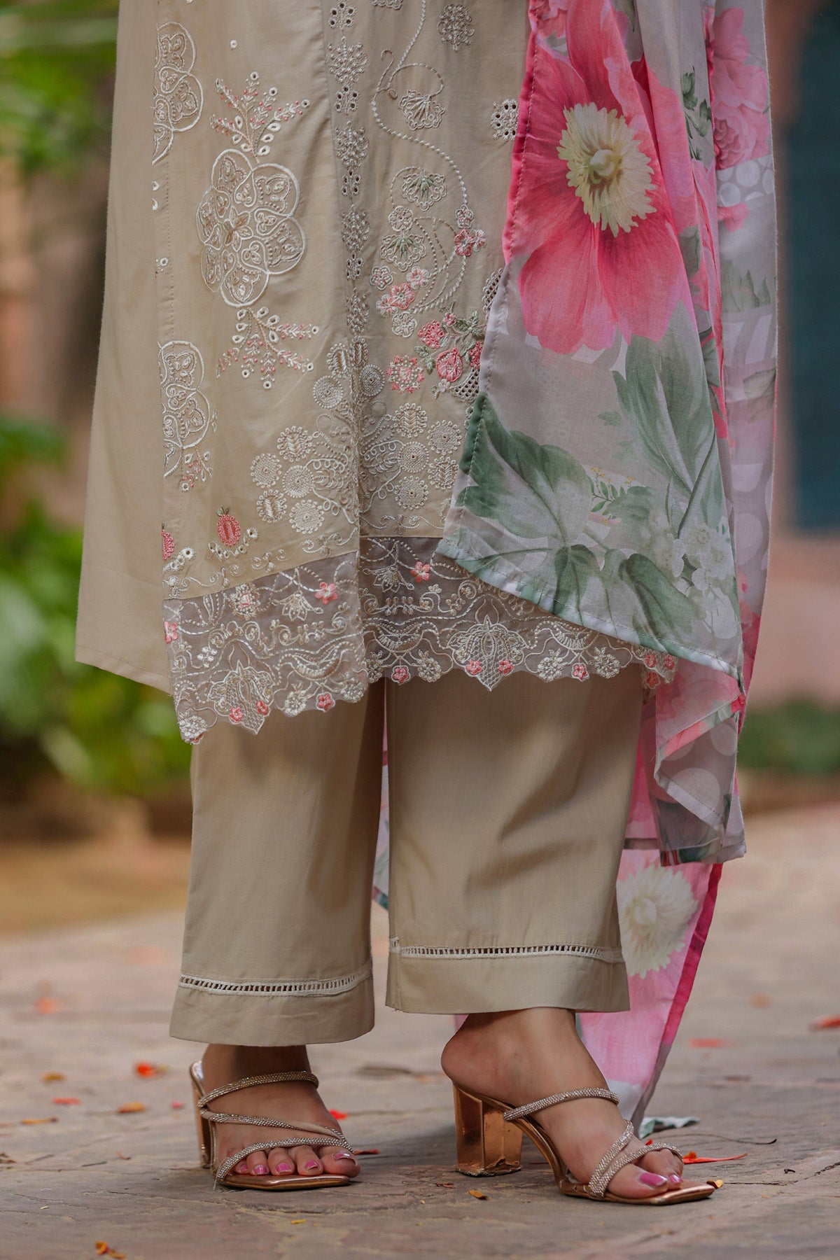 Champagne Beige Cotton Embroidered Straight Suit Set With Dupatta