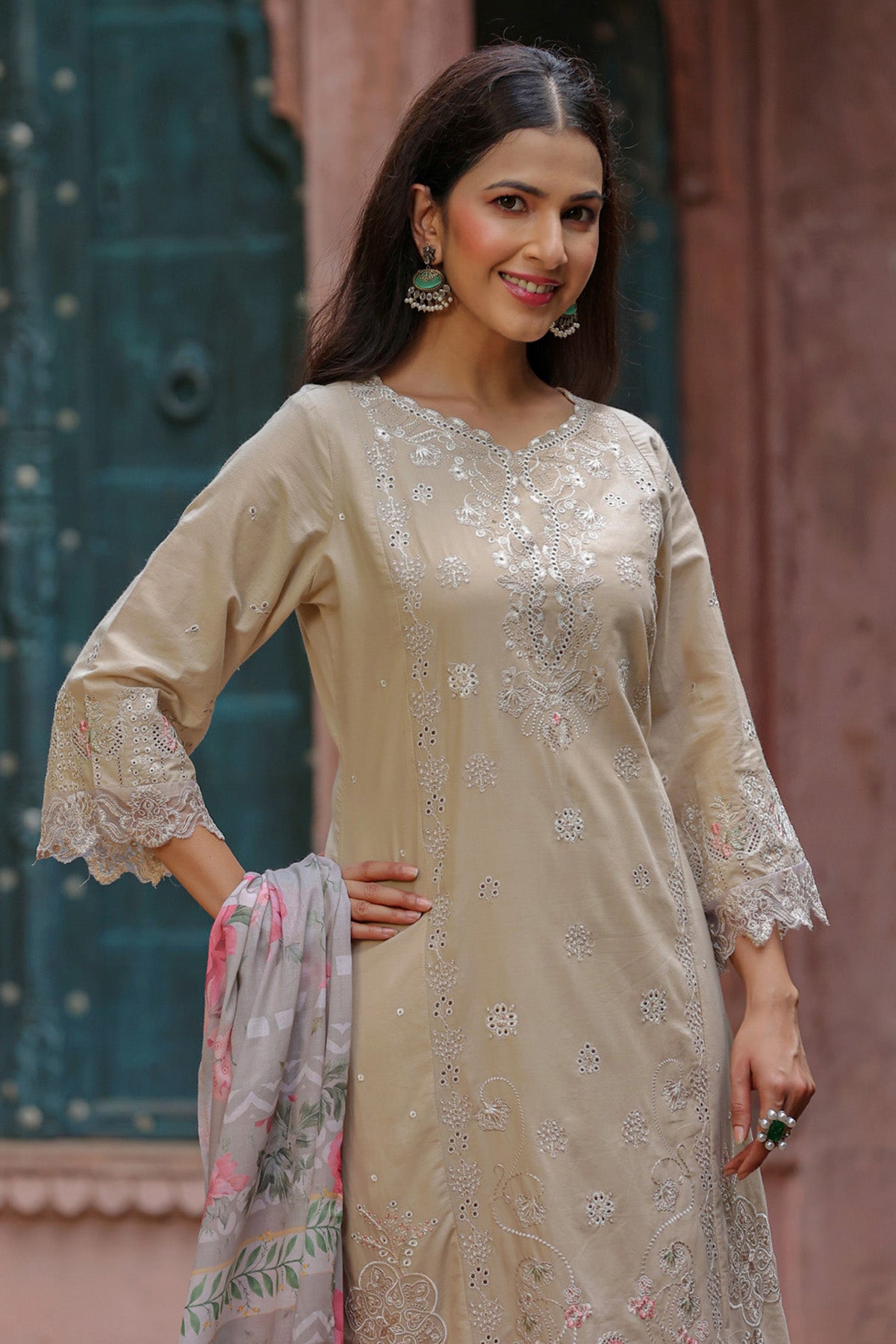 Champagne Beige Cotton Embroidered Straight Suit Set With Dupatta