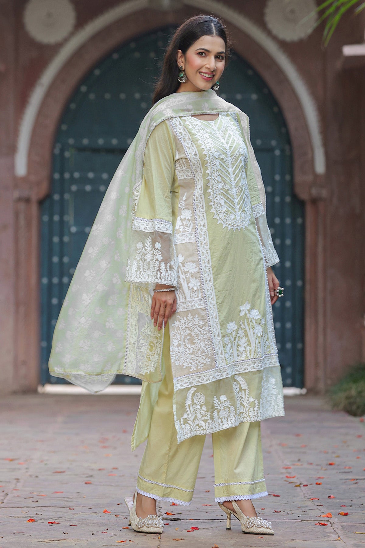 Pastel Pistachio Green Cotton Embroidered Straight Suit Set With Dupatta