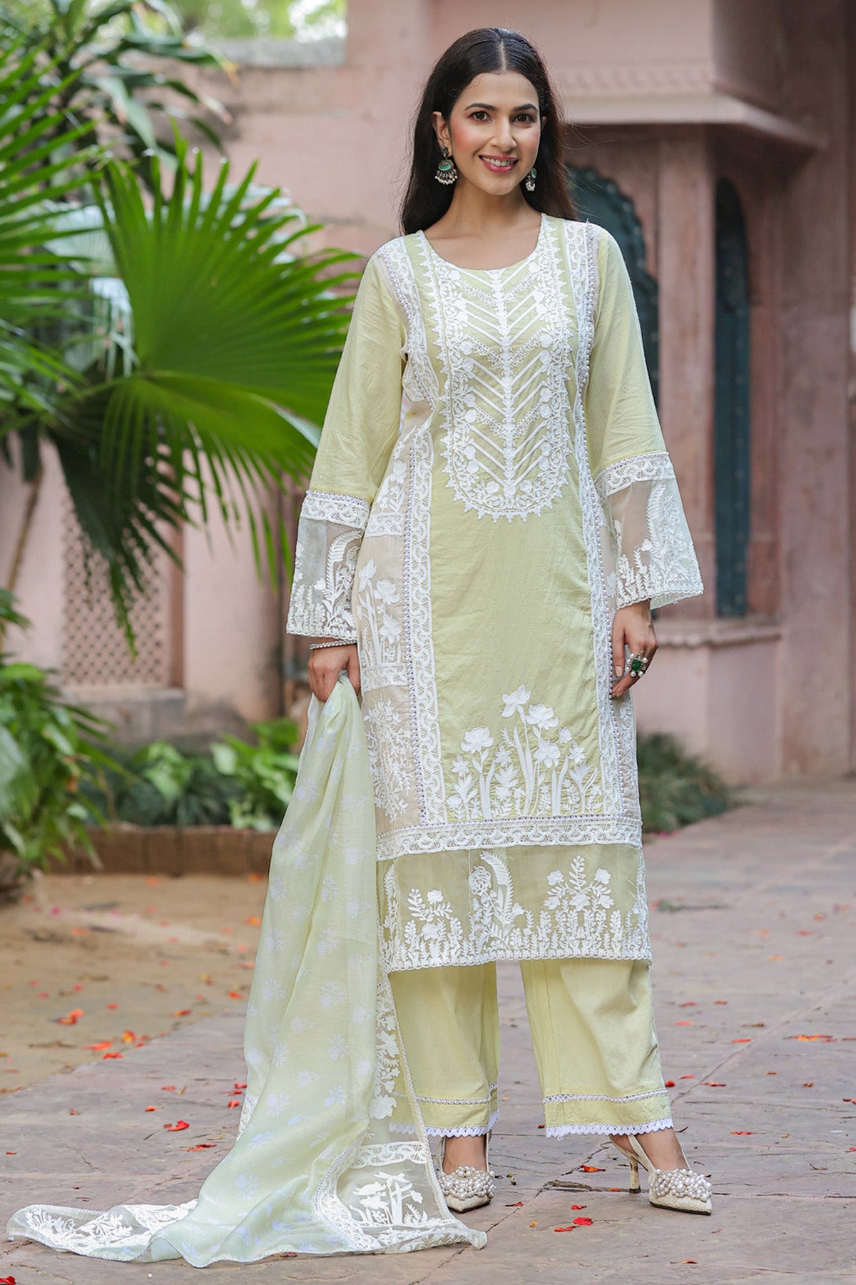 Pastel Pistachio Green Cotton Embroidered Straight Suit Set With Dupatta