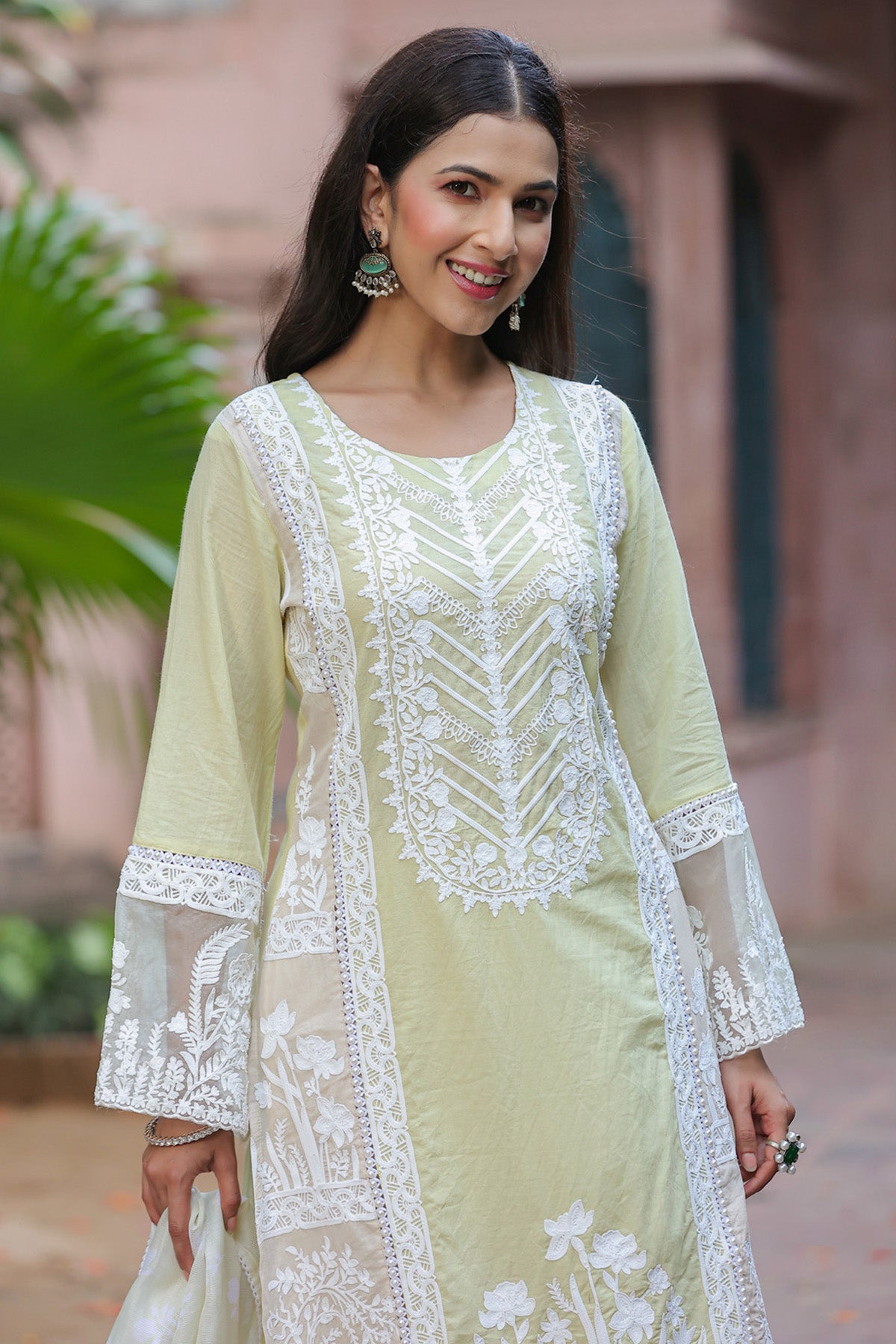 Pastel Pistachio Green Cotton Embroidered Straight Suit Set With Dupatta