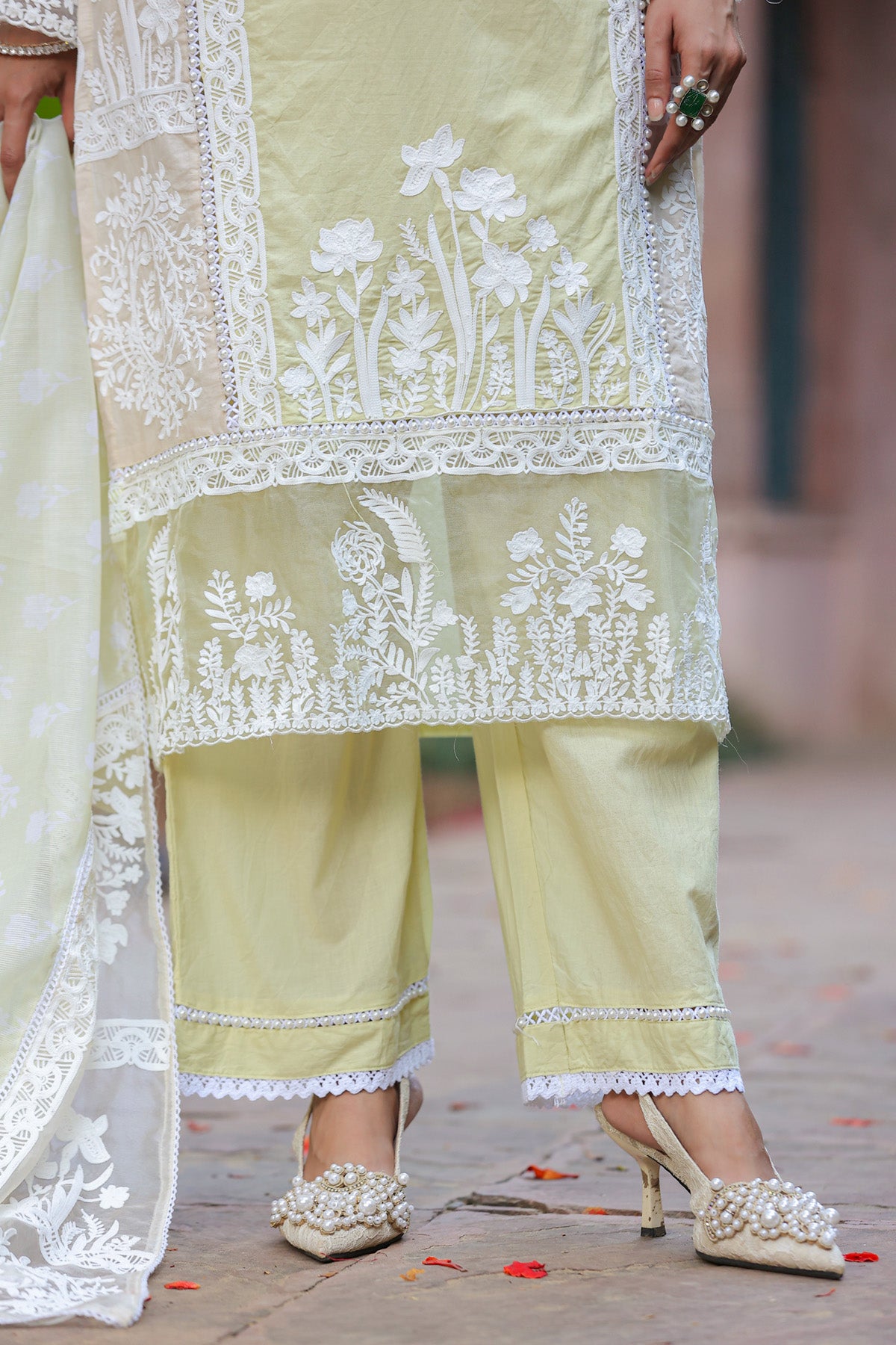 Pastel Pistachio Green Cotton Embroidered Straight Suit Set With Dupatta