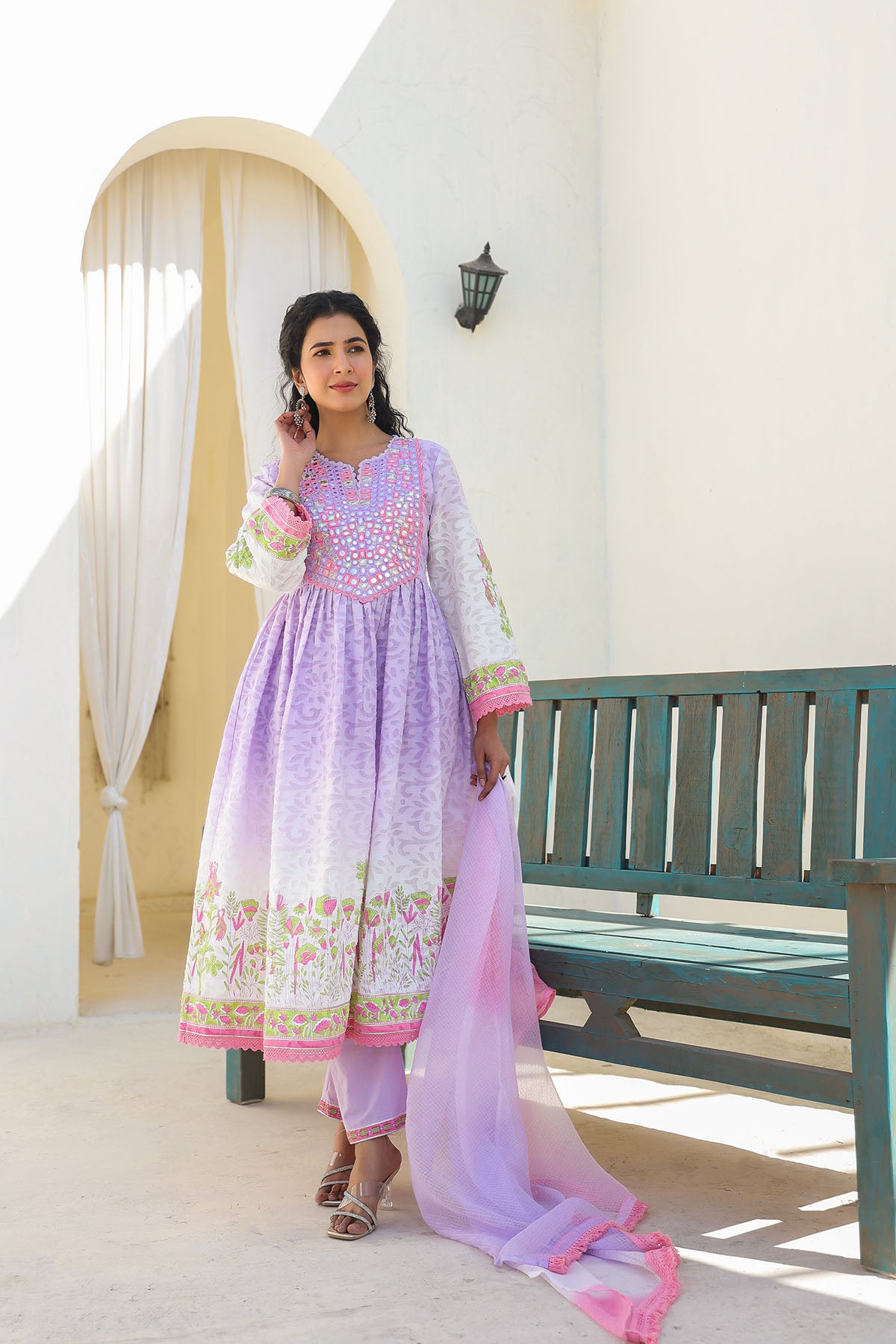 Lavender Cotton Embroidered Anarkali Suit