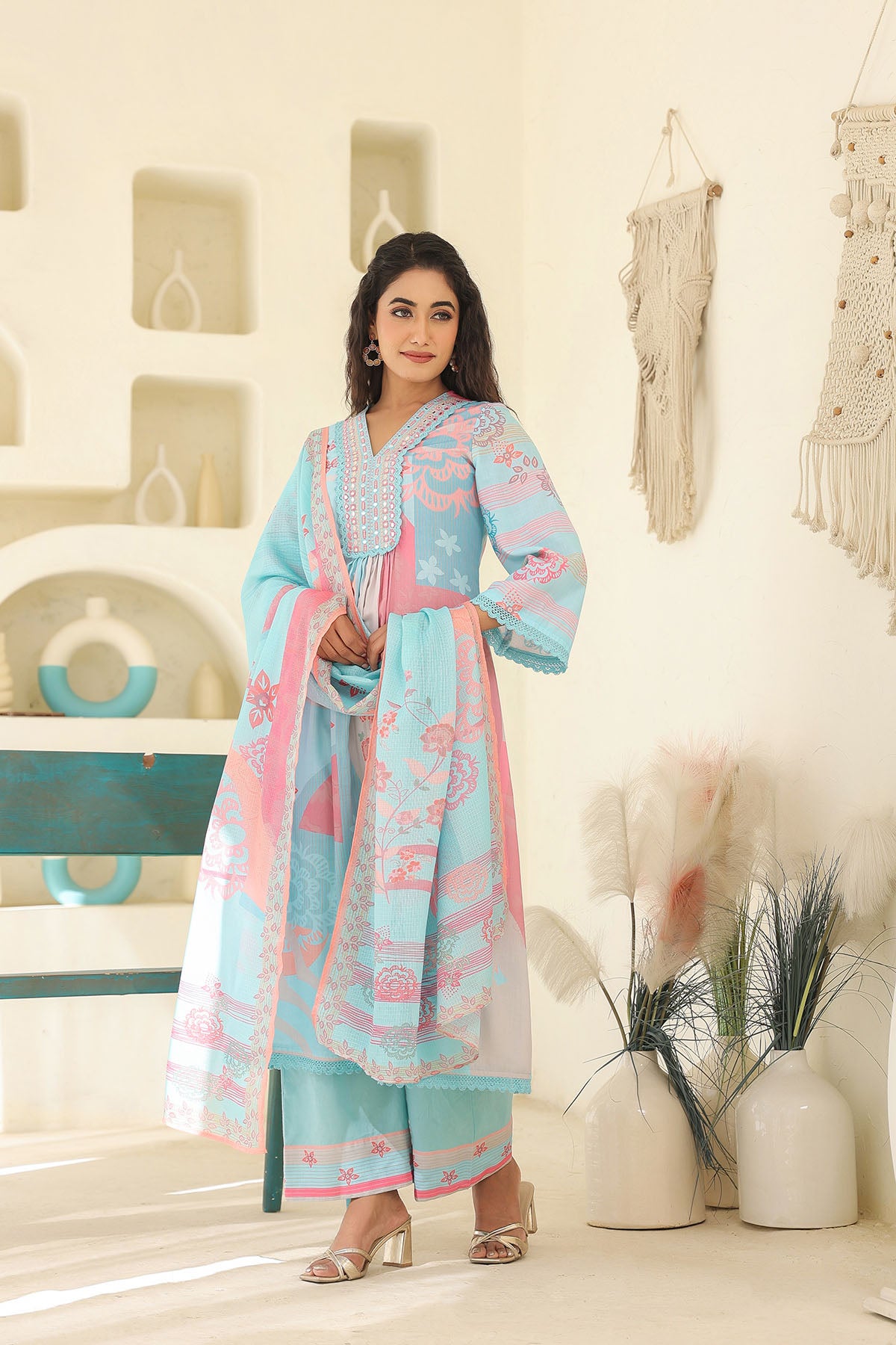Blue Multicolor Embroidered A-Line Suit