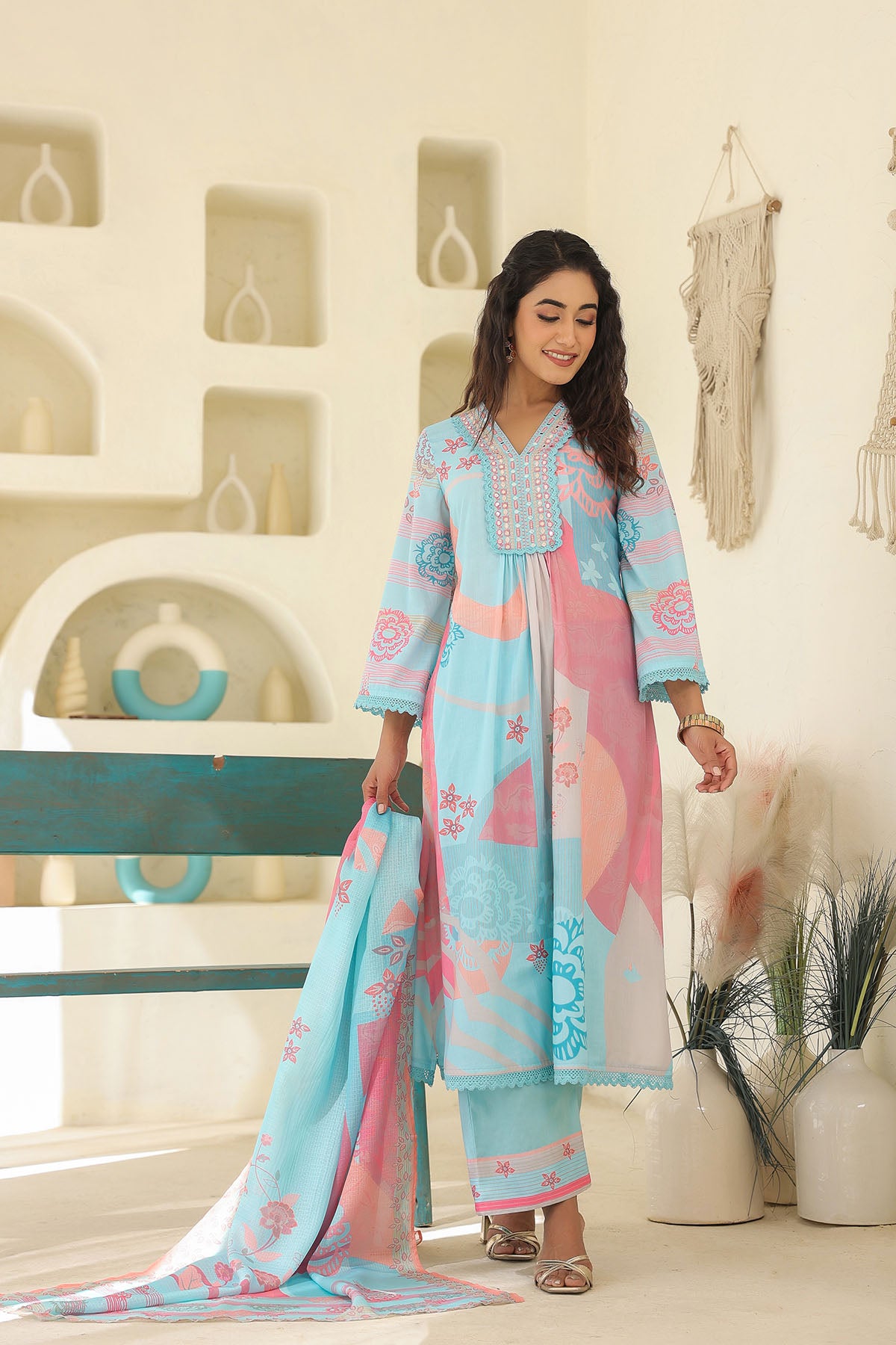 Blue Multicolor Embroidered A-Line Suit