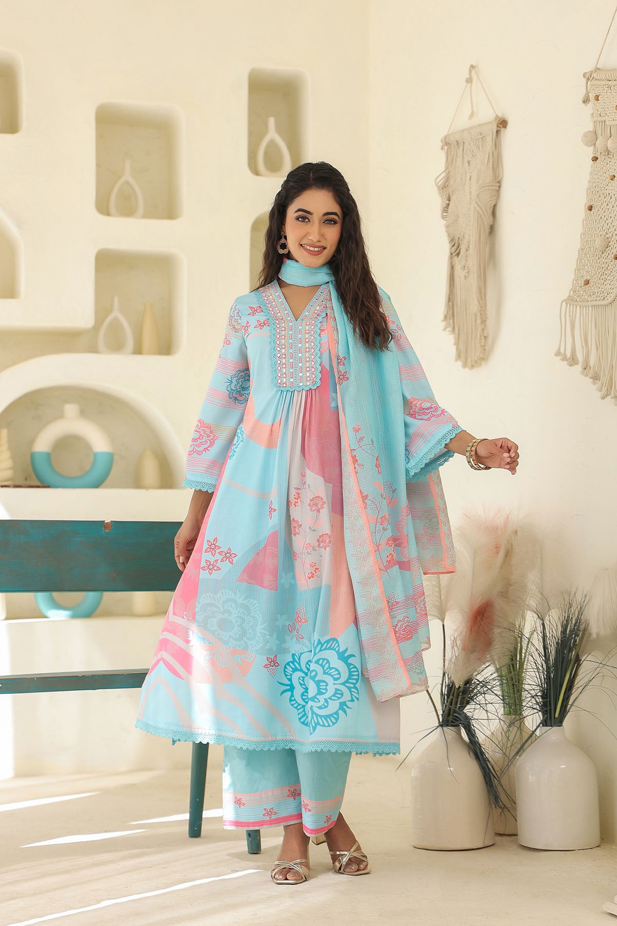 Blue Multicolor Embroidered A-Line Suit