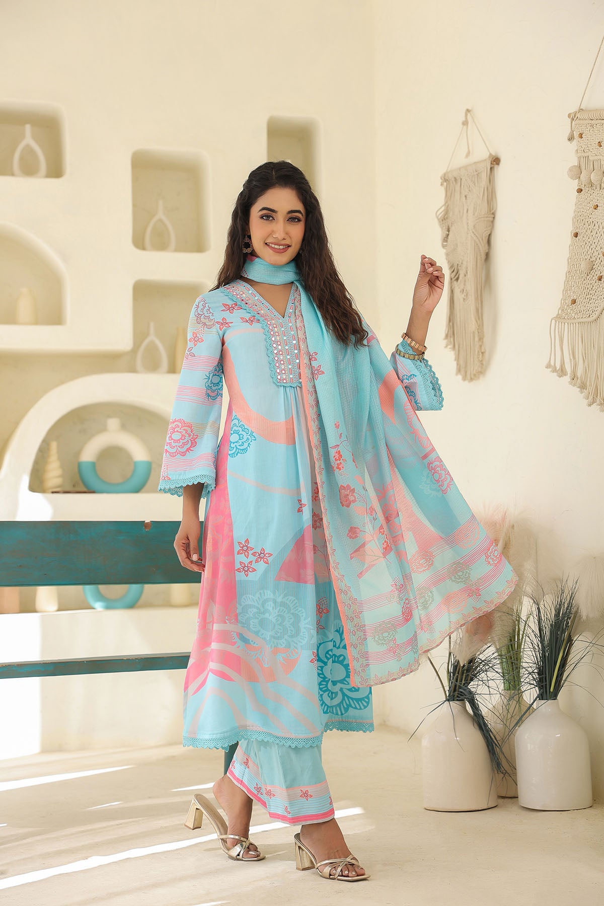 Blue Multicolor Embroidered A-Line Suit