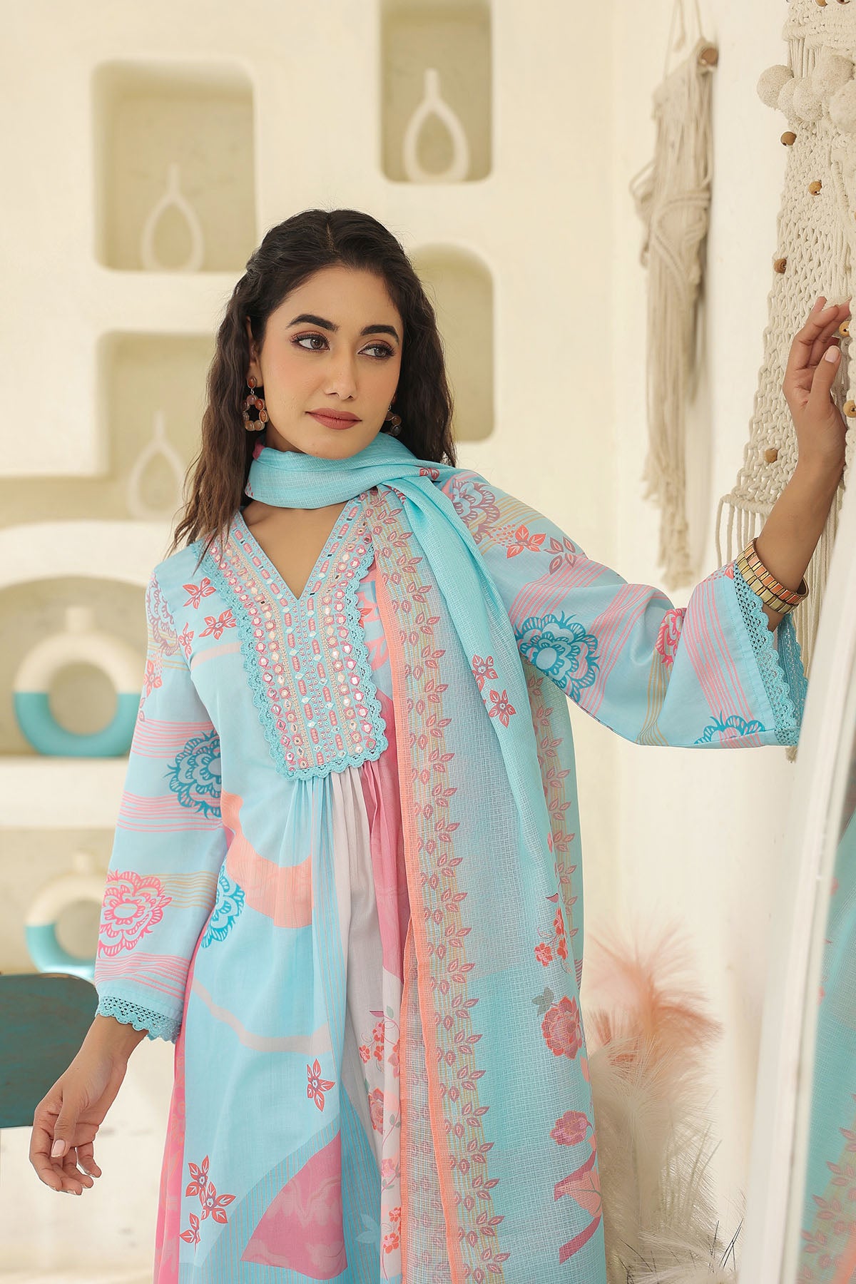 Blue Multicolor Embroidered A-Line Suit
