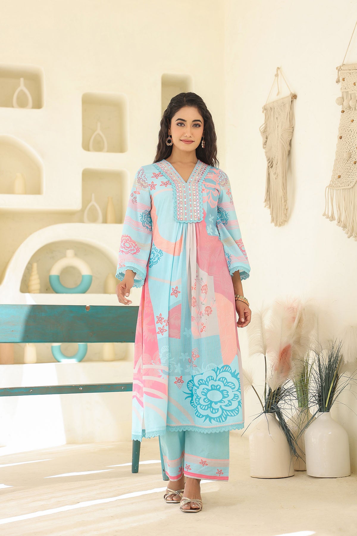 Blue Multicolor Embroidered A-Line Suit