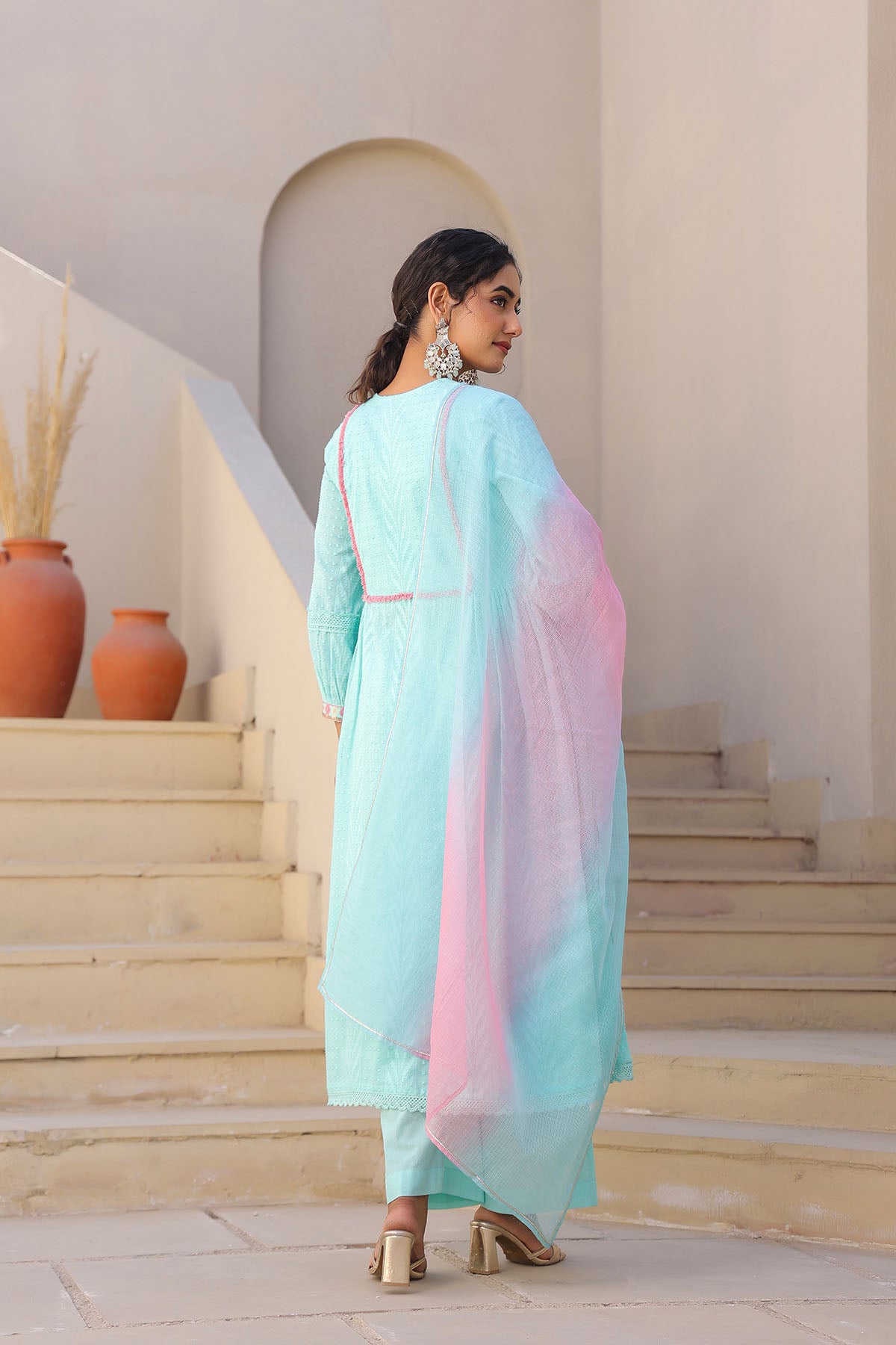 Sky Blue Cotton Embroidered Anarkali Suit