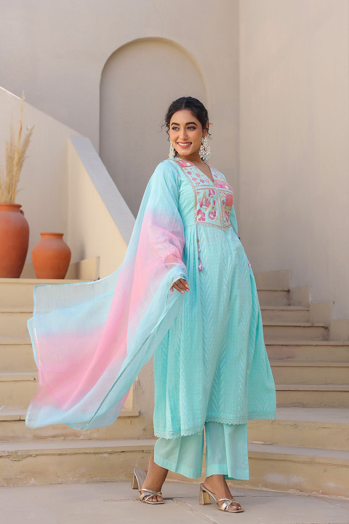 Sky Blue Cotton Embroidered Anarkali Suit