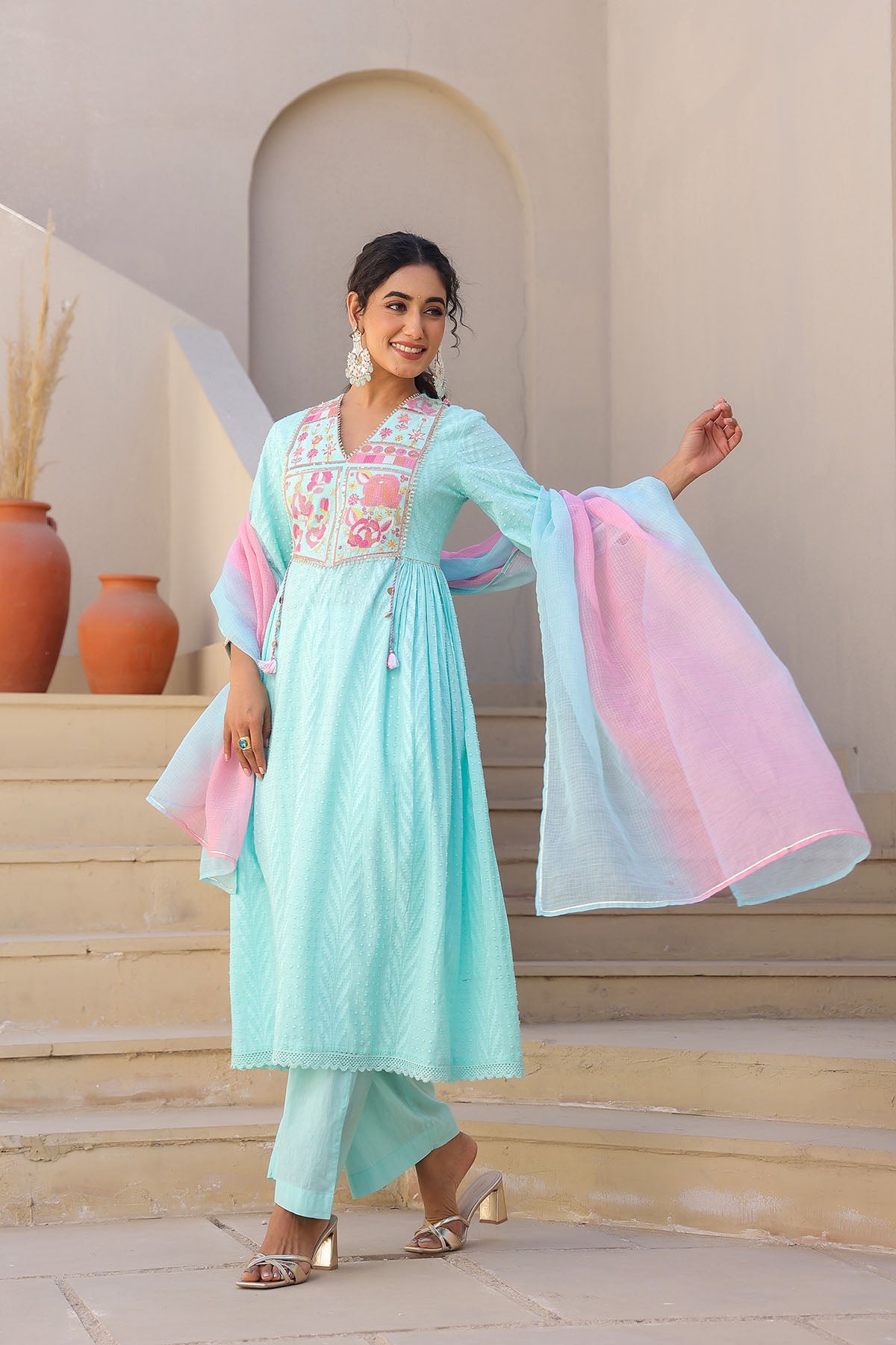 Sky Blue Cotton Embroidered Anarkali Suit