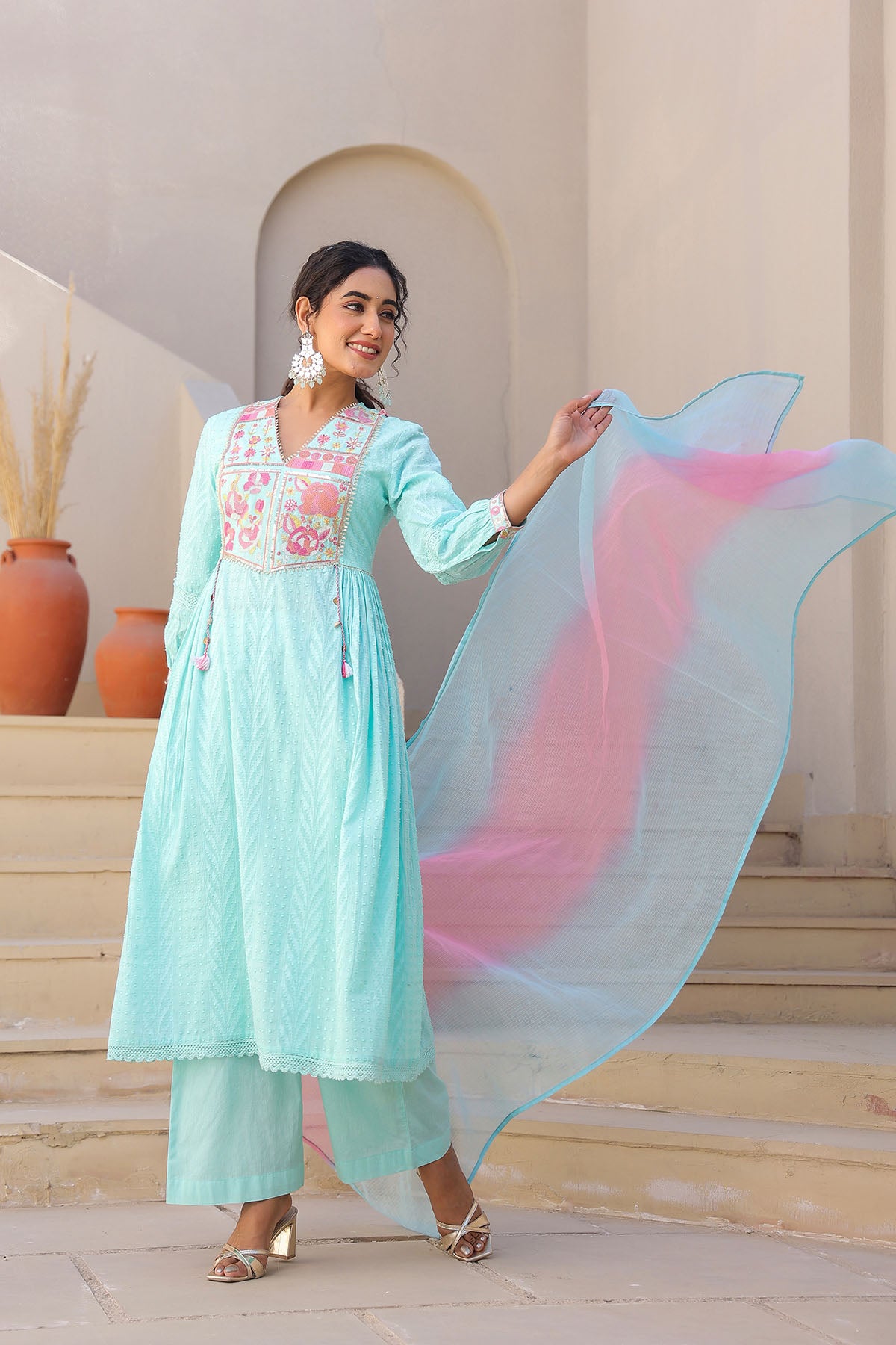 Sky Blue Cotton Embroidered Anarkali Suit
