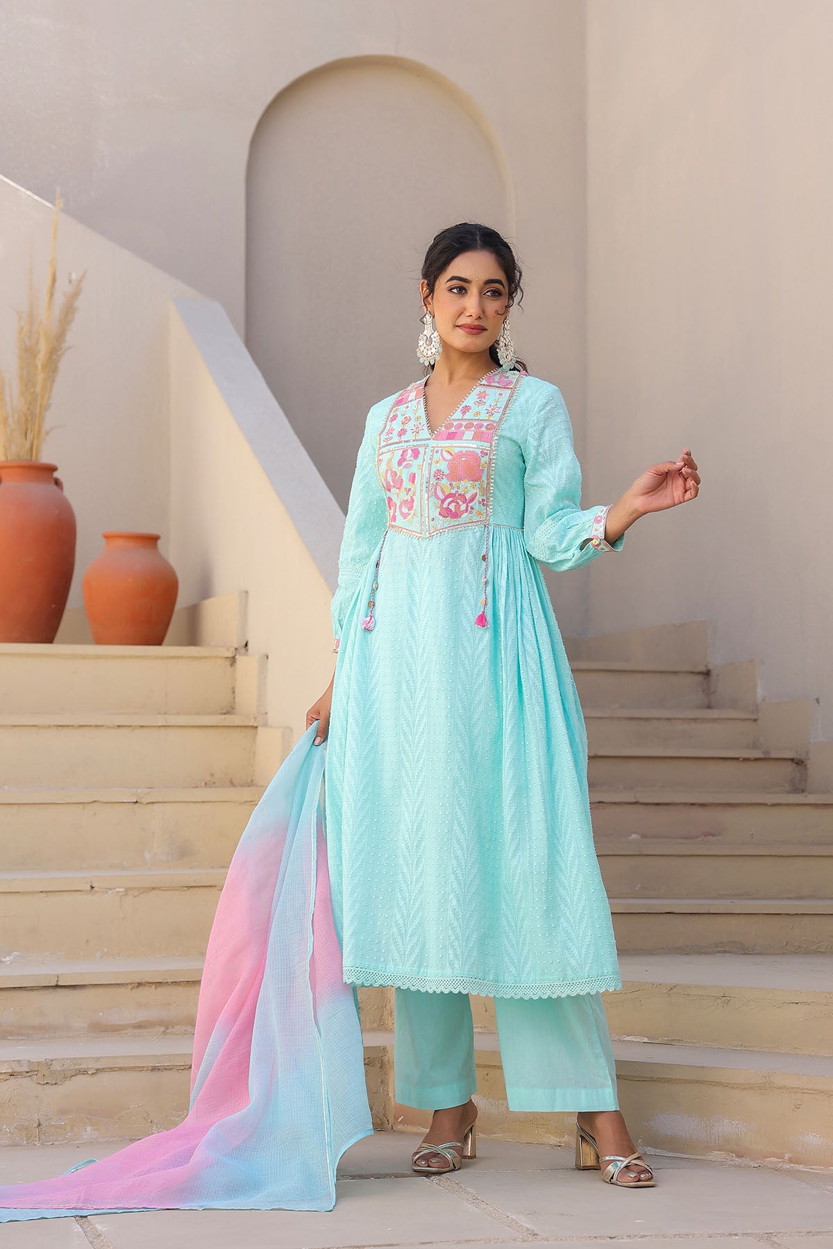 Sky Blue Cotton Embroidered Anarkali Suit