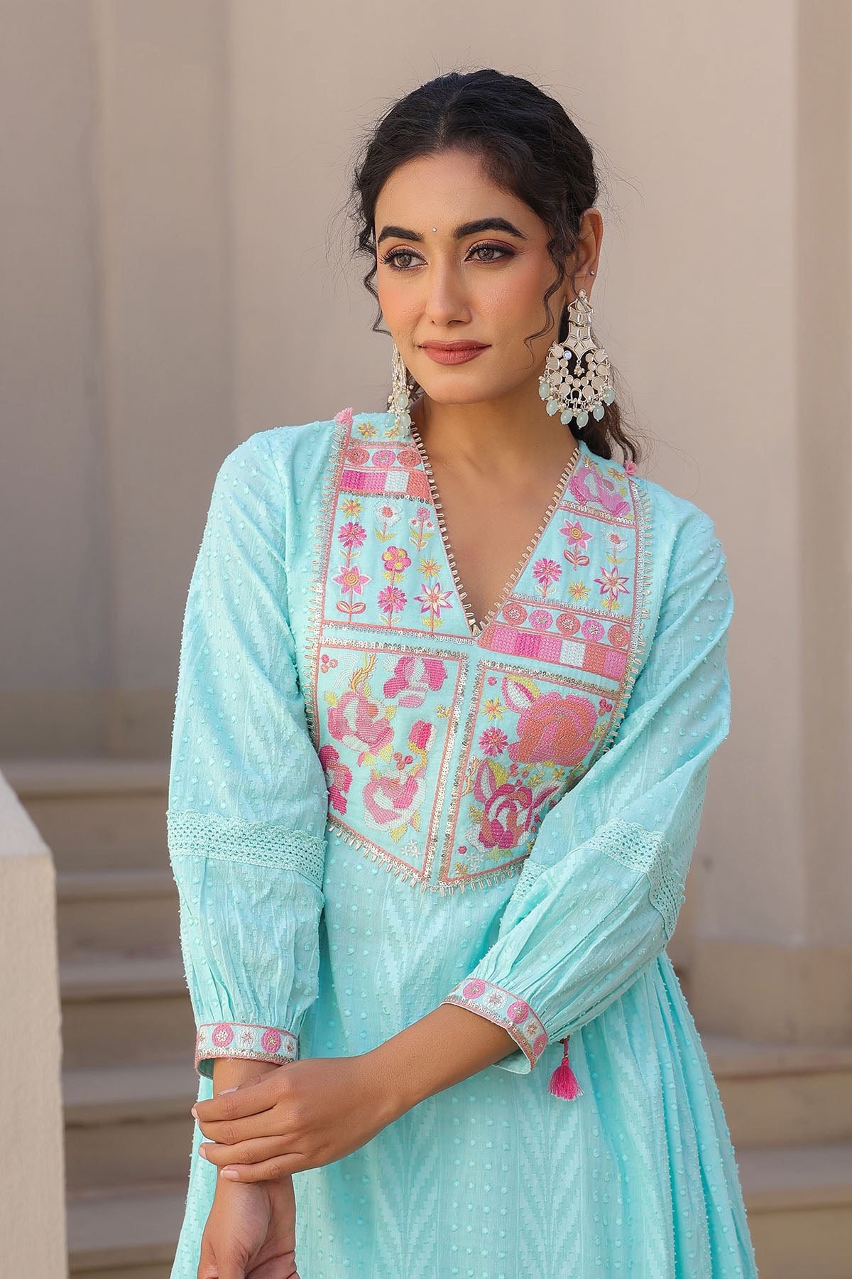 Sky Blue Cotton Embroidered Anarkali Suit