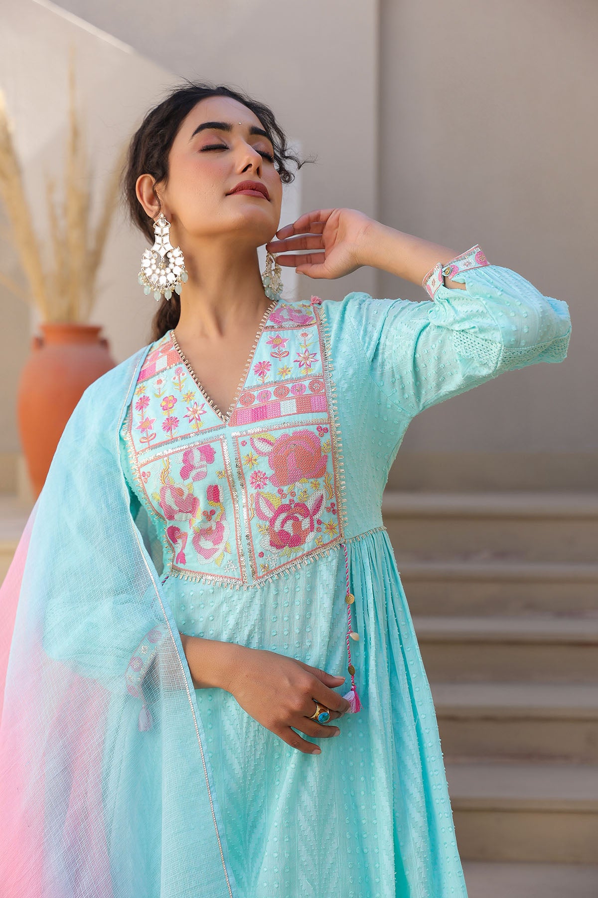 Sky Blue Cotton Embroidered Anarkali Suit