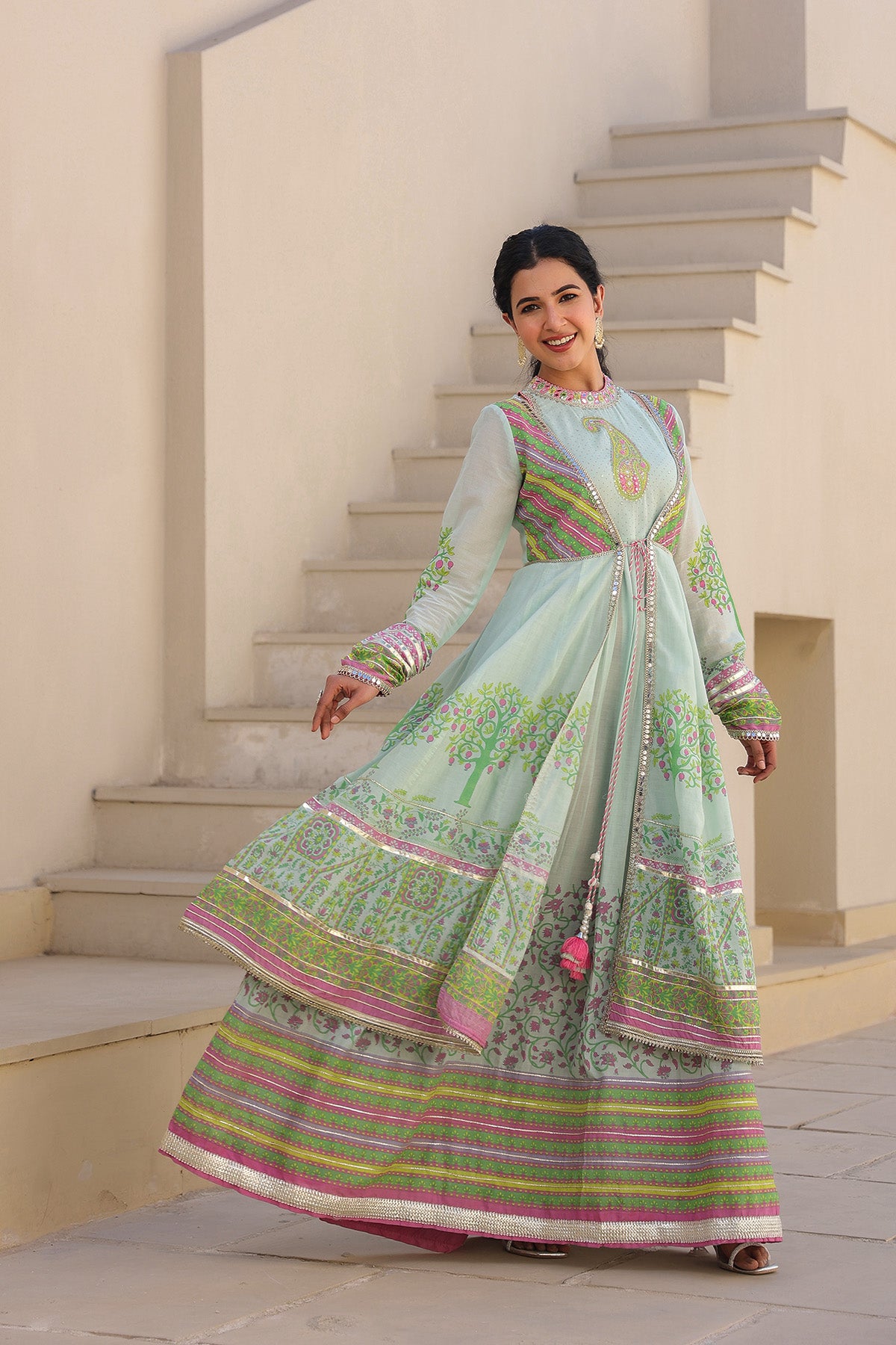 Mint Green Multicolor Cotton Gotapatti Gown Set
